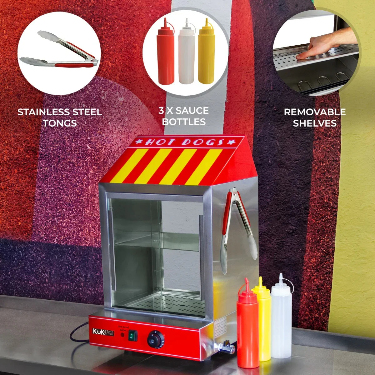 KuKoo Commercial Hot Dog Steamer with red and yellow design, stainless steel tongs, and three colorful sauce bottles on a countertop