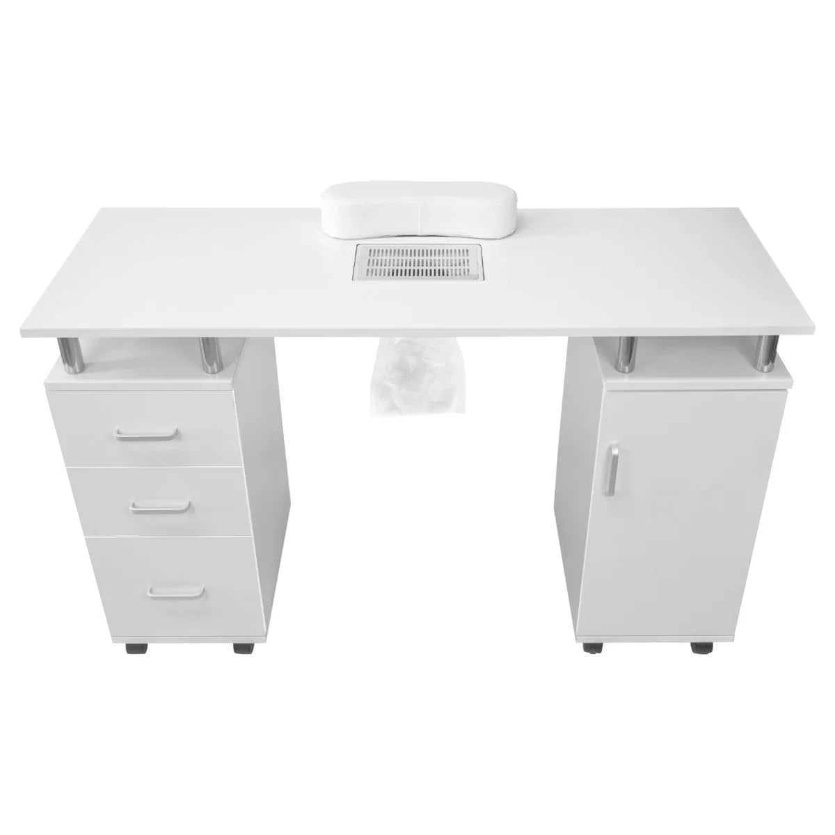 Sleek white professional manicure table with storage drawers, ventilation system, and smooth surface for nail services