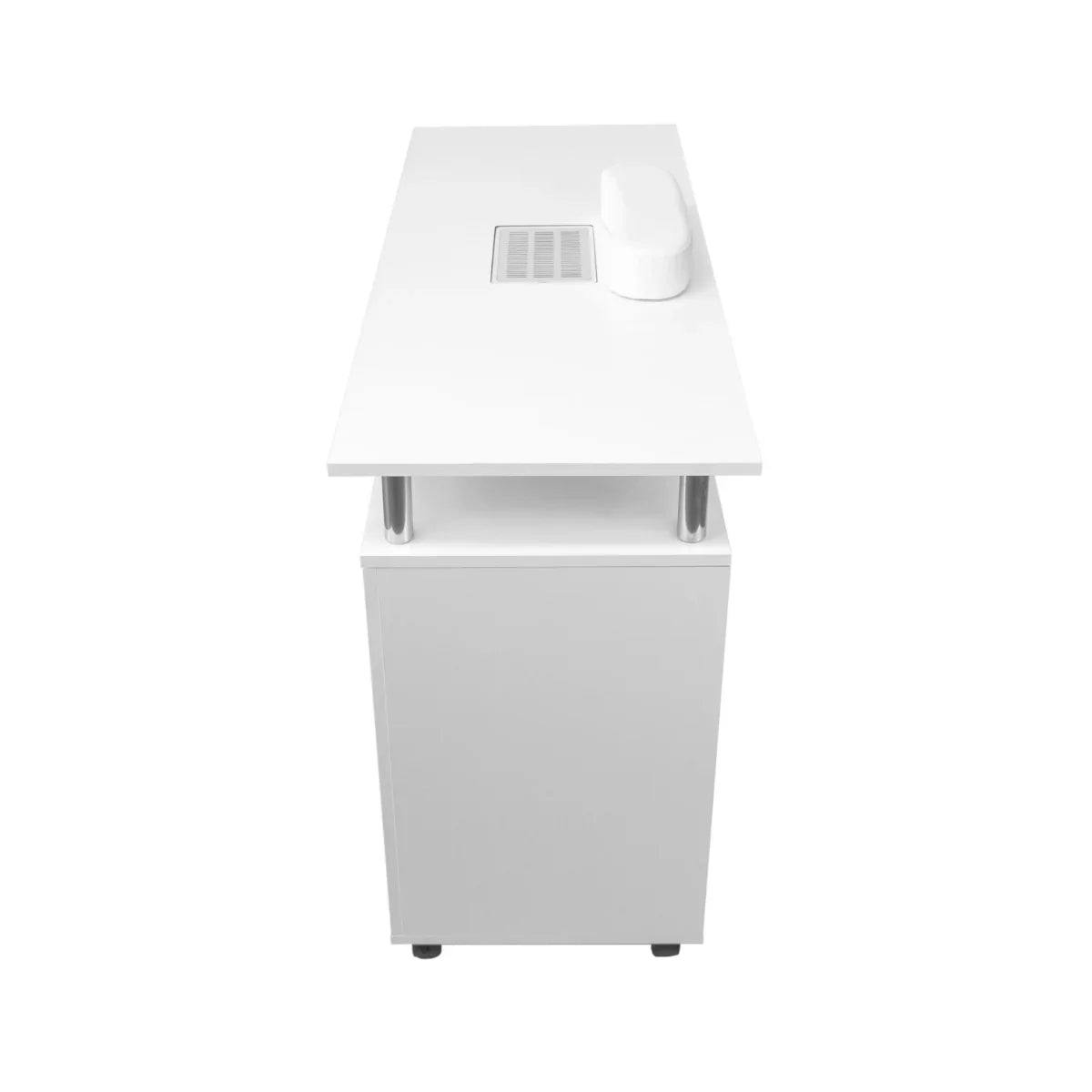 Sleek white professional manicure table featuring a spacious top, built-in ventilation, and a sturdy storage cabinet below