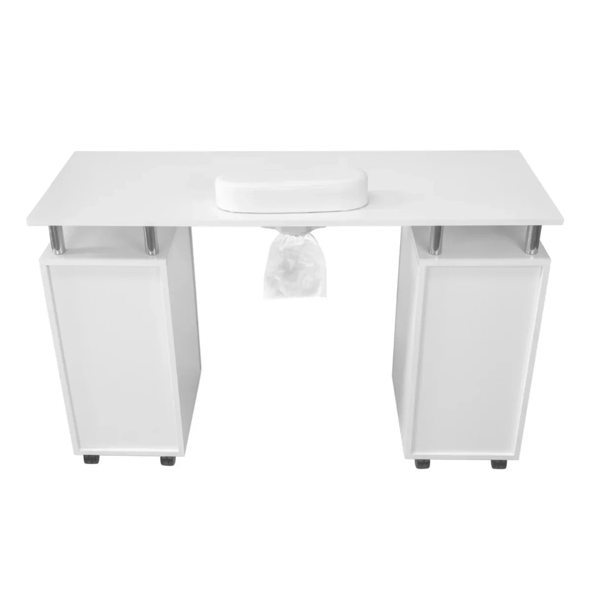 Sleek white professional manicure table with a padded hand rest, storage cabinets, and a dust collector bag for efficient nail care