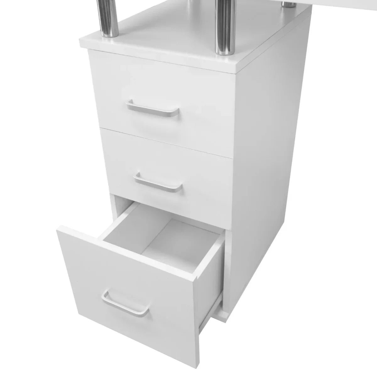 Sleek white professional manicure table featuring two spacious drawers with modern handles, ideal for salon organization and efficiency