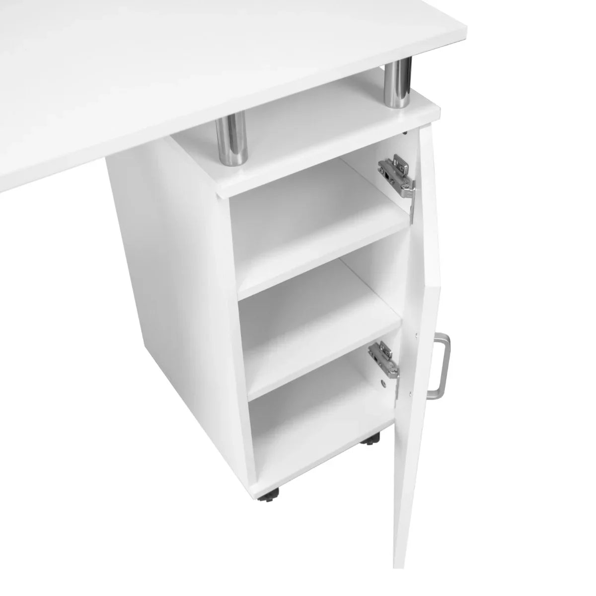 Sleek white professional manicure table featuring a spacious top, silver legs, and a side cabinet with shelves for storage