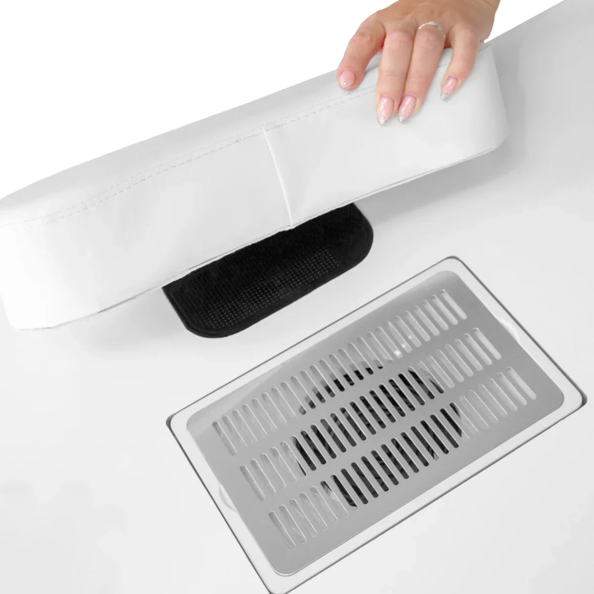 Professional manicure table featuring a sleek white surface, ergonomic handrest, and built-in ventilation system for nail dust removal