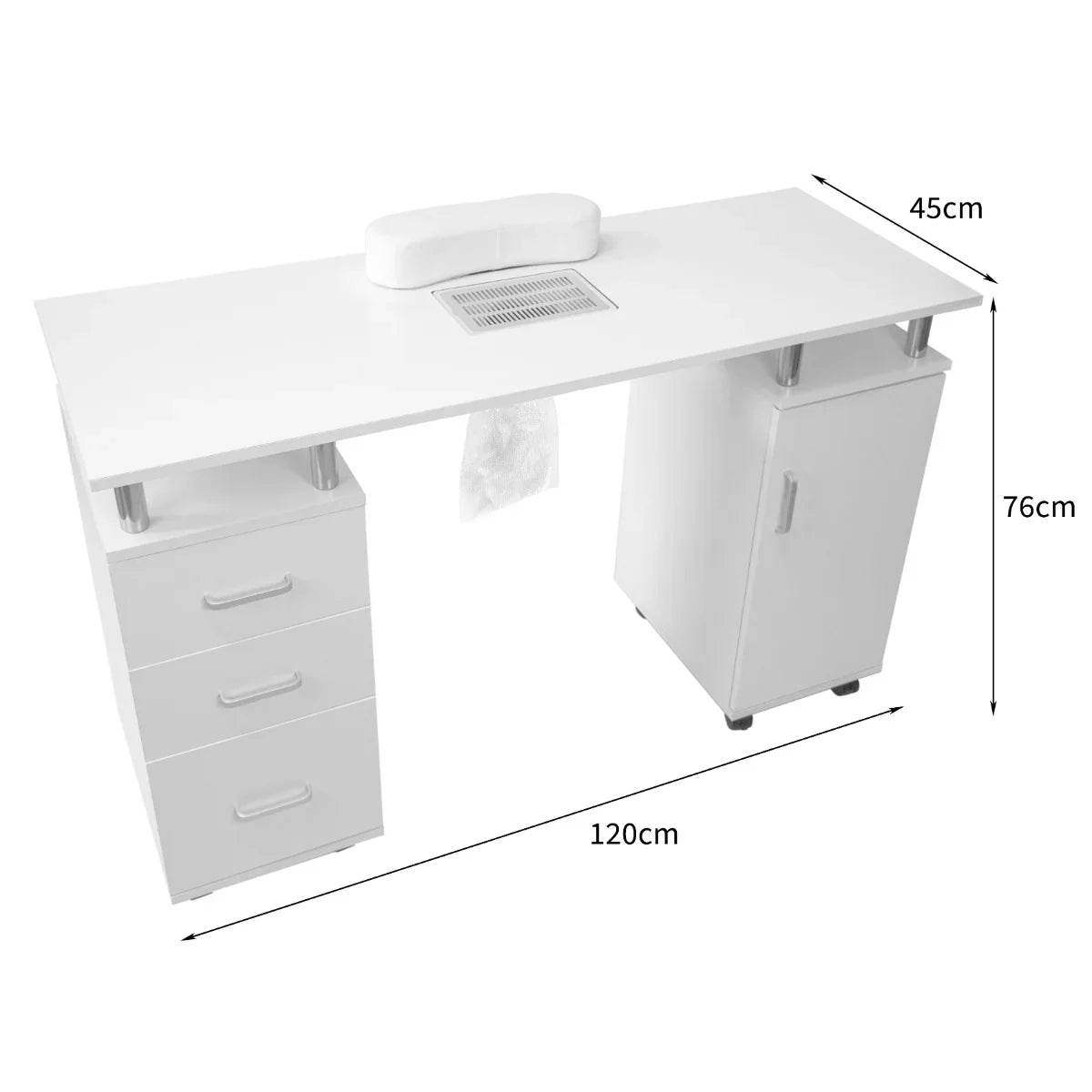 Professional manicure table in sleek white finish, featuring a spacious top, built-in ventilation, and storage drawers for tools