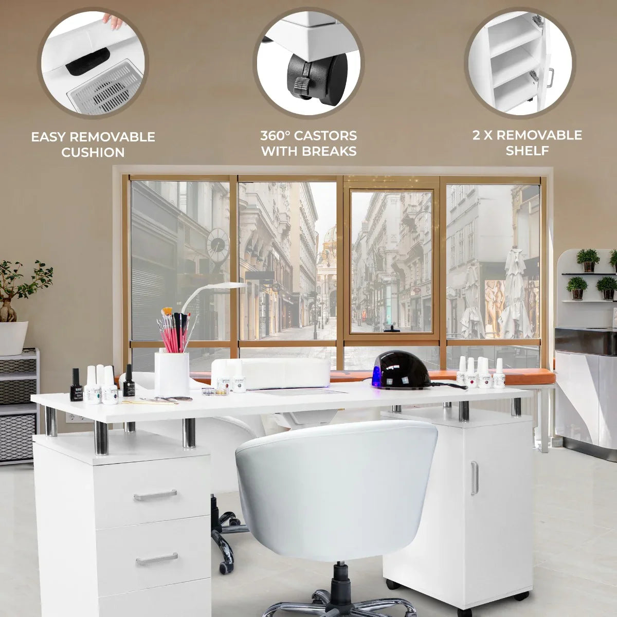 Professional manicure table with a sleek white finish, easy removable cushion, 360° castors, and two removable shelves for storage