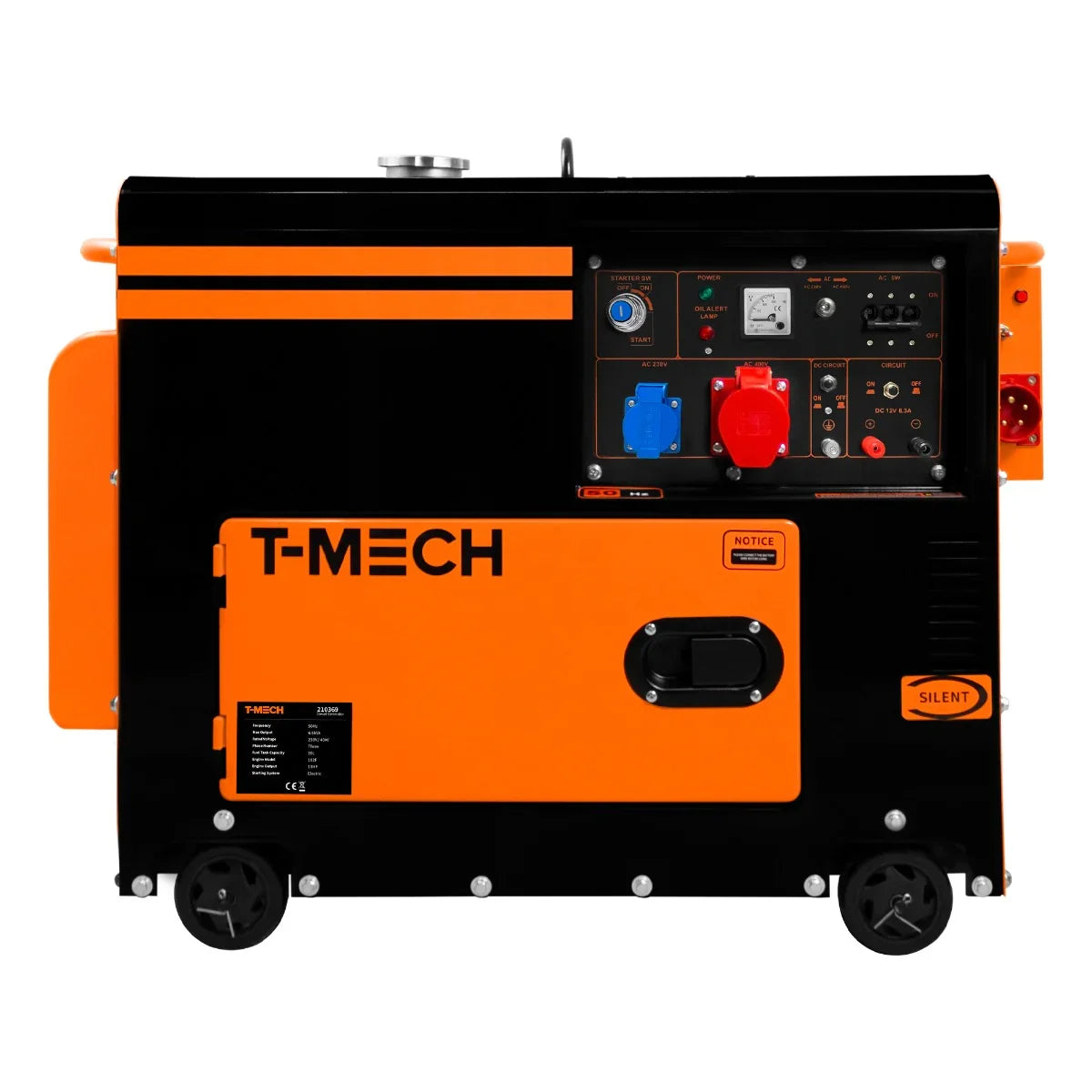 T-Mech portable silent diesel generator in black and orange, featuring three-phase 400V, control panel, and wheels for mobility
