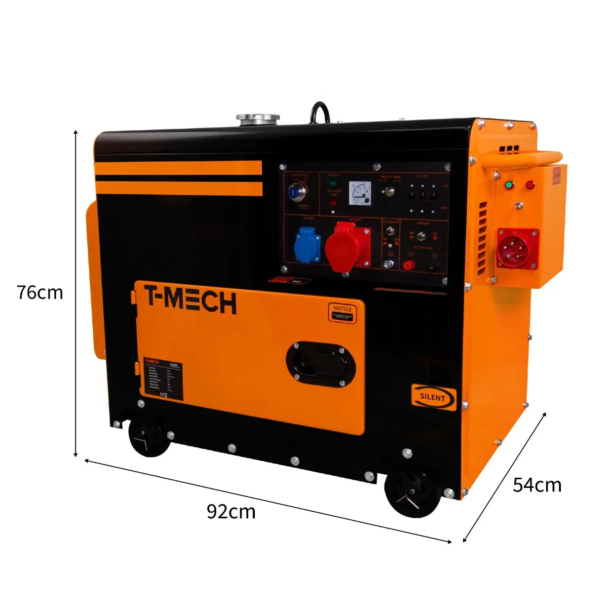 T-Mech portable silent diesel generator in black and orange, featuring control panel, wheels, and compact design for easy mobility