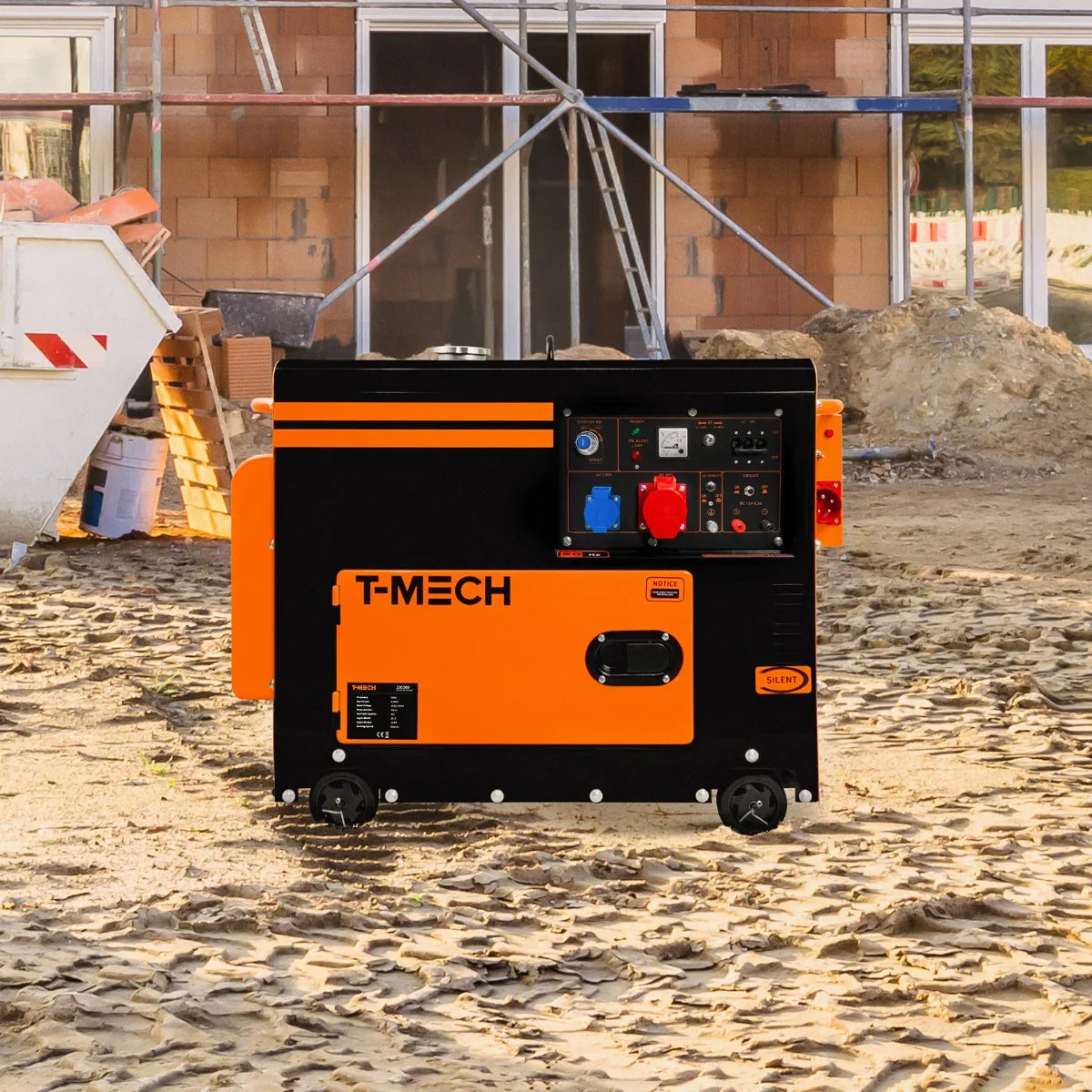 T-Mech portable silent diesel generator in black and orange, featuring control panel, wheels, and sturdy design for outdoor use