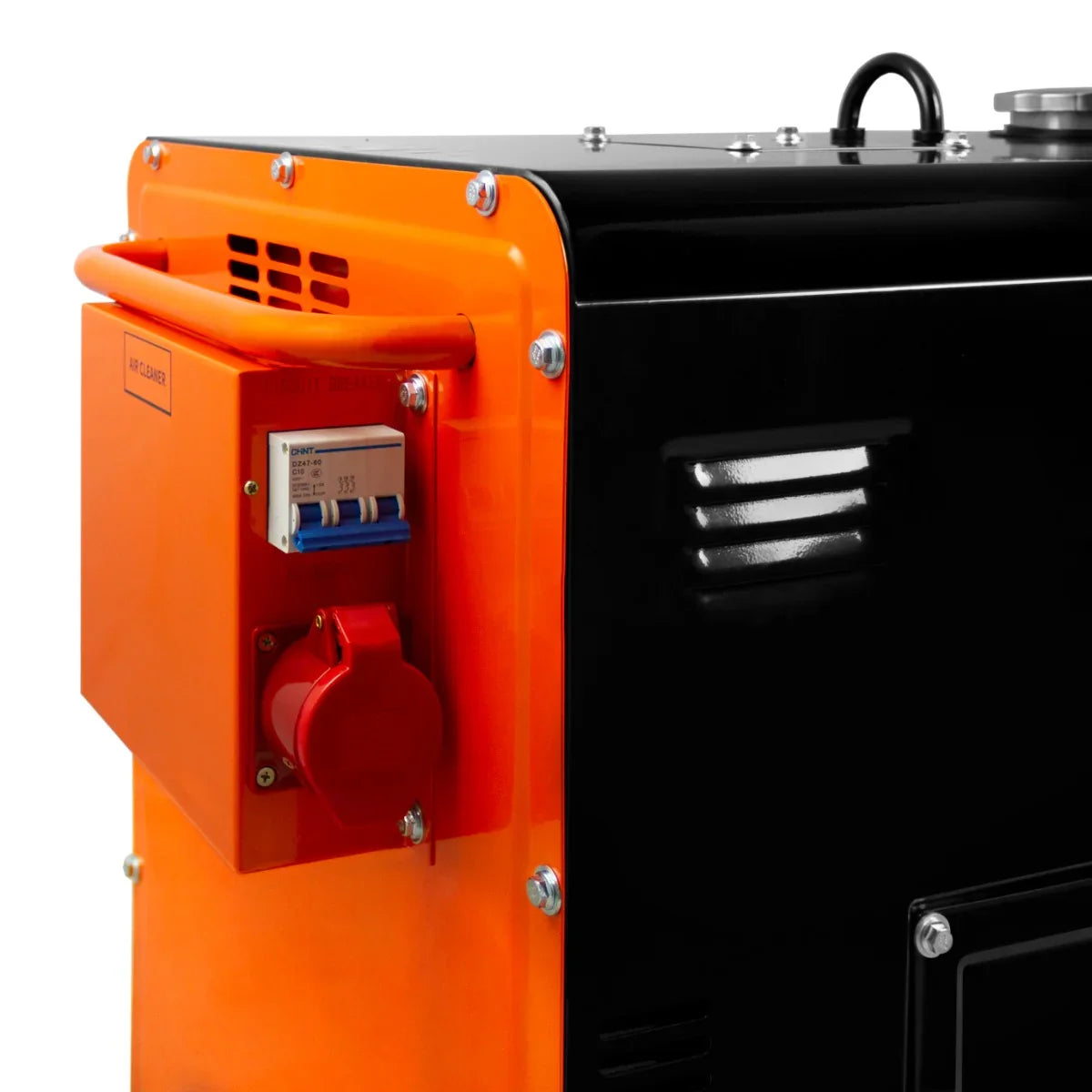 T-Mech Portable Silent Diesel Generator with a sleek black and orange design, featuring a control panel and robust build for durability