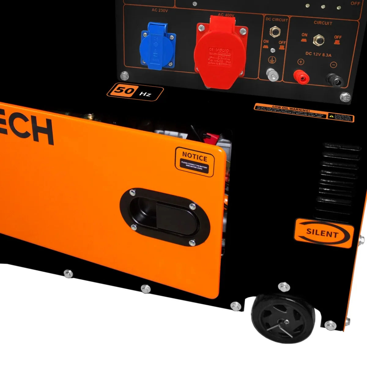 T-Mech Portable Silent Diesel Generator in black and orange, featuring control panel, wheels, and compact design for easy mobility