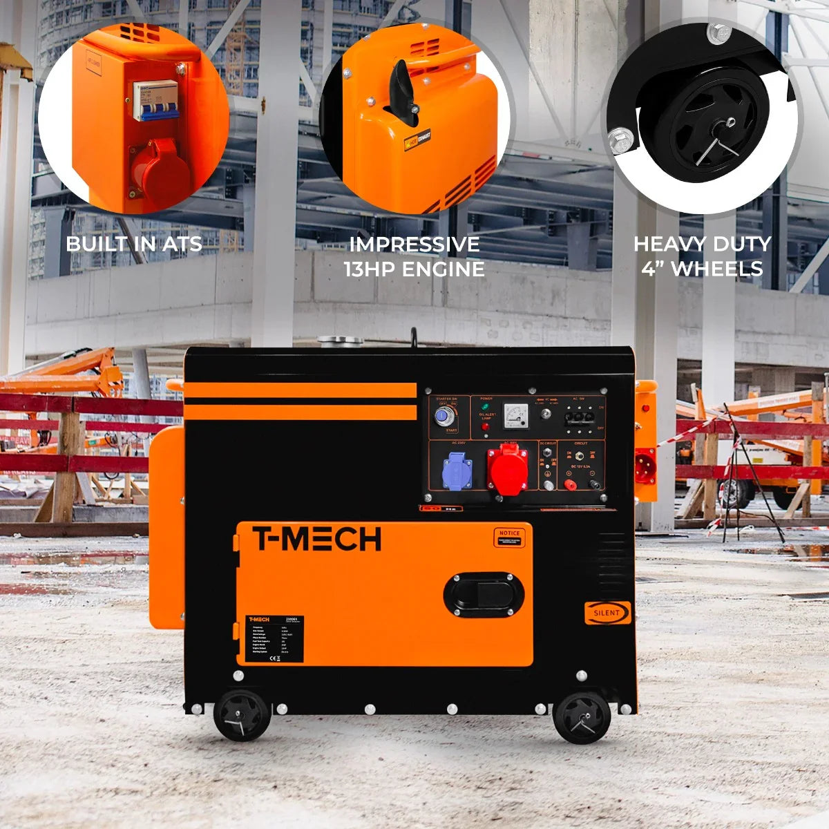 T-Mech Portable Silent Diesel Generator with 13HP engine, black and orange design, featuring heavy-duty wheels and built-in ATS