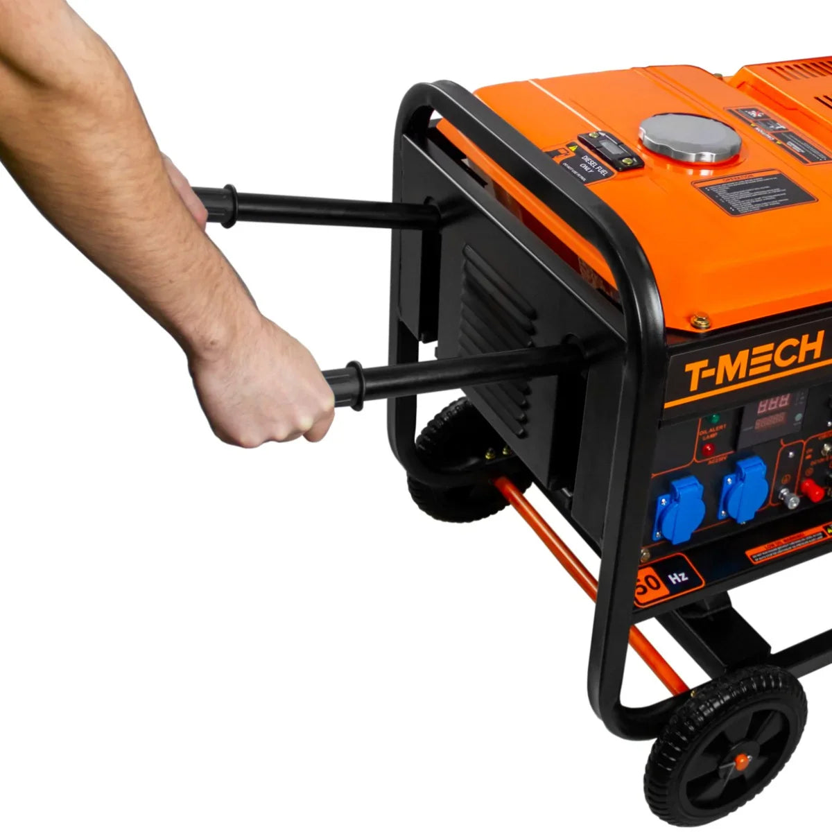 T-Mech 2kVA portable diesel generator with open frame, orange and black design, featuring wheels and pull handles for easy transport