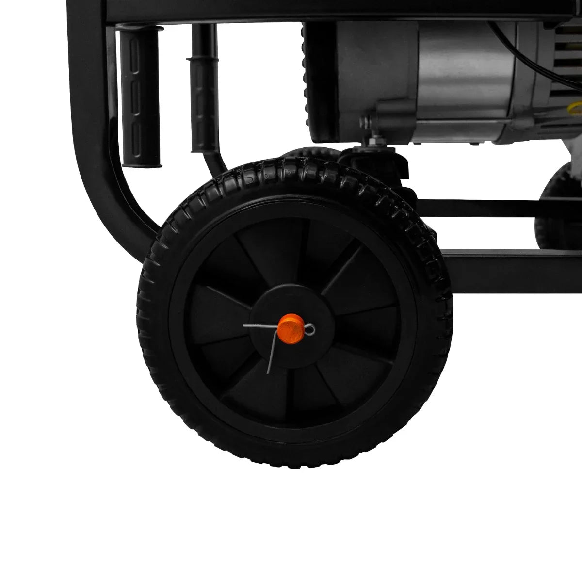 Black wheel of T-Mech 2kVA portable diesel generator with orange valve, showcasing sturdy open frame design for easy mobility
