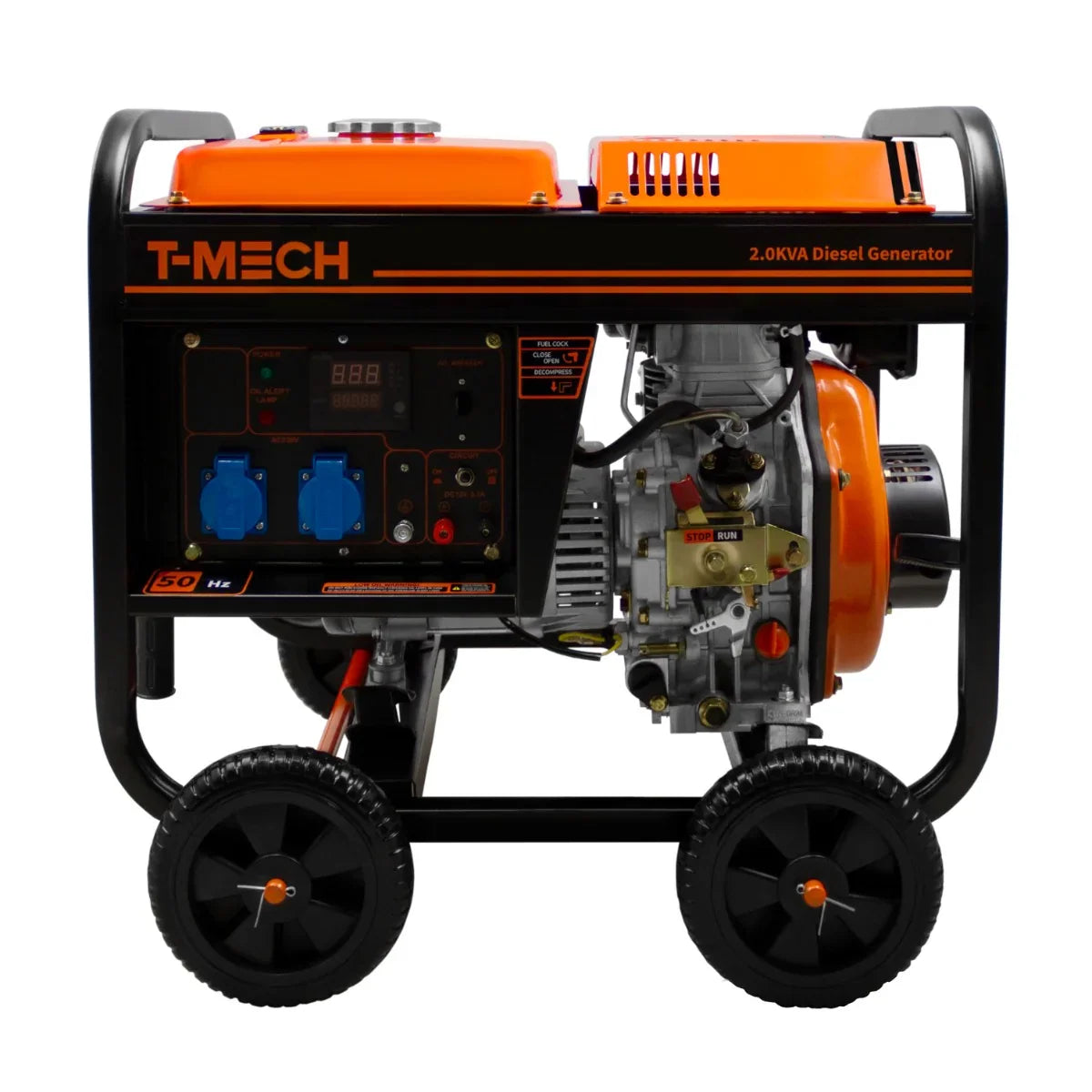 T-Mech 2kVA portable diesel generator with open frame, featuring orange and black design, wheels for mobility, and multiple outlets