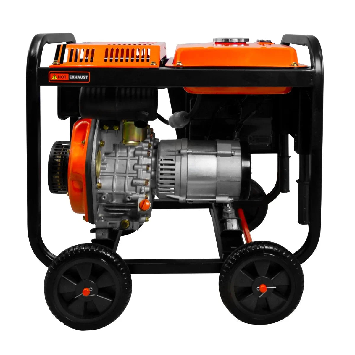 T-Mech 2kVA portable diesel generator with open frame, featuring a black and orange design, sturdy wheels, and a compact engine layout