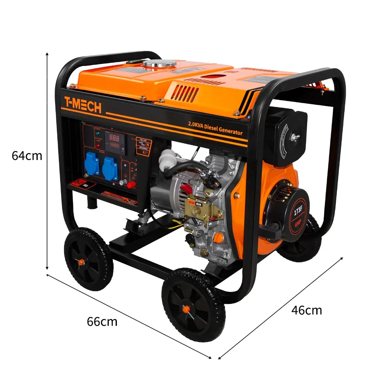 T-Mech 2kVA portable diesel generator with an open frame, featuring a bright orange exterior, sturdy wheels, and control panel