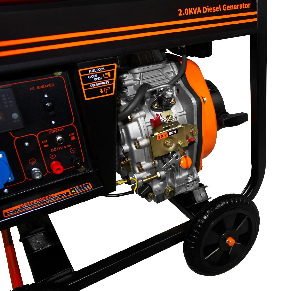 T-Mech 2kVA portable diesel generator with open frame, featuring a silver engine, black casing, and bright orange accents