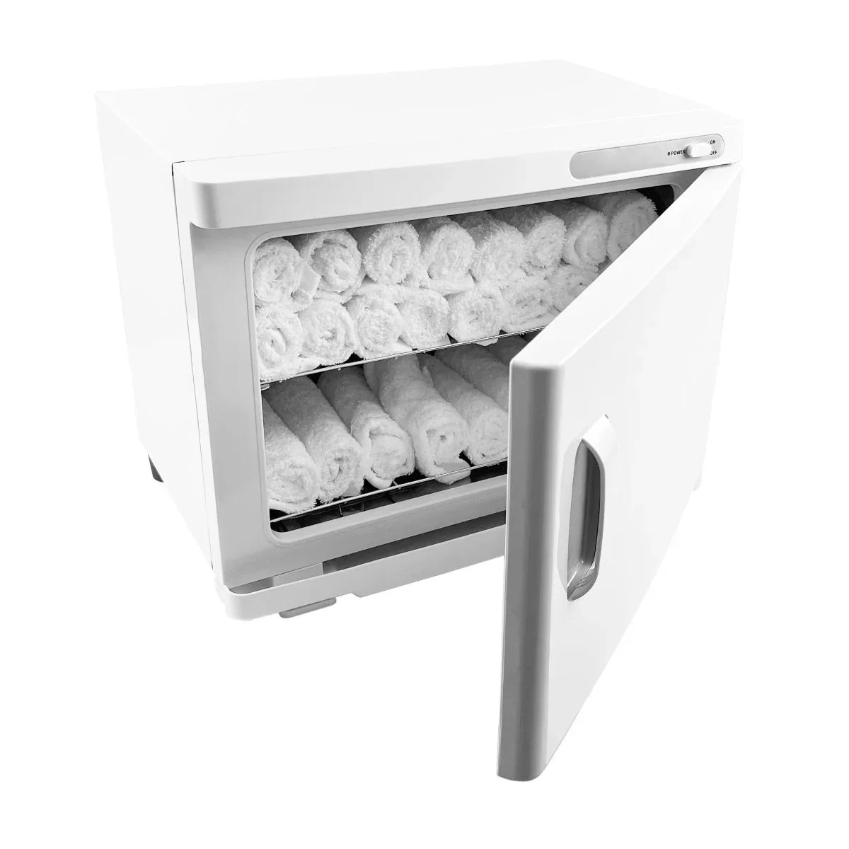 White hot towel warmer with a sleek white exterior, featuring an open door revealing neatly rolled white towels inside