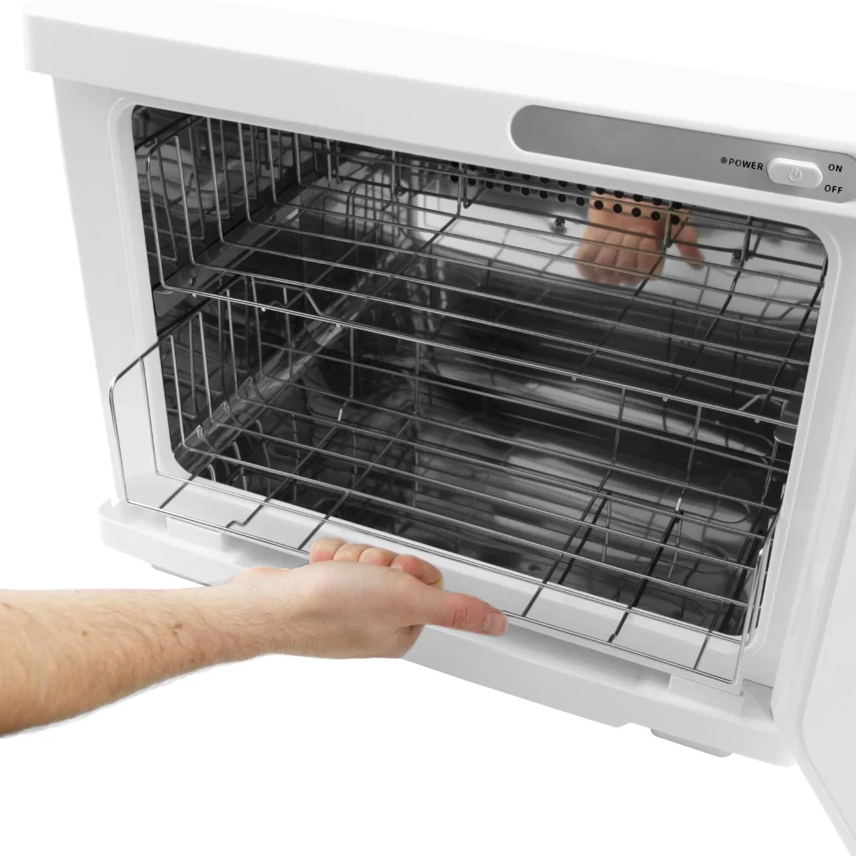 White Hot Towel Warmer with a sleek white exterior and stainless steel interior, featuring pull-out wire racks for easy access
