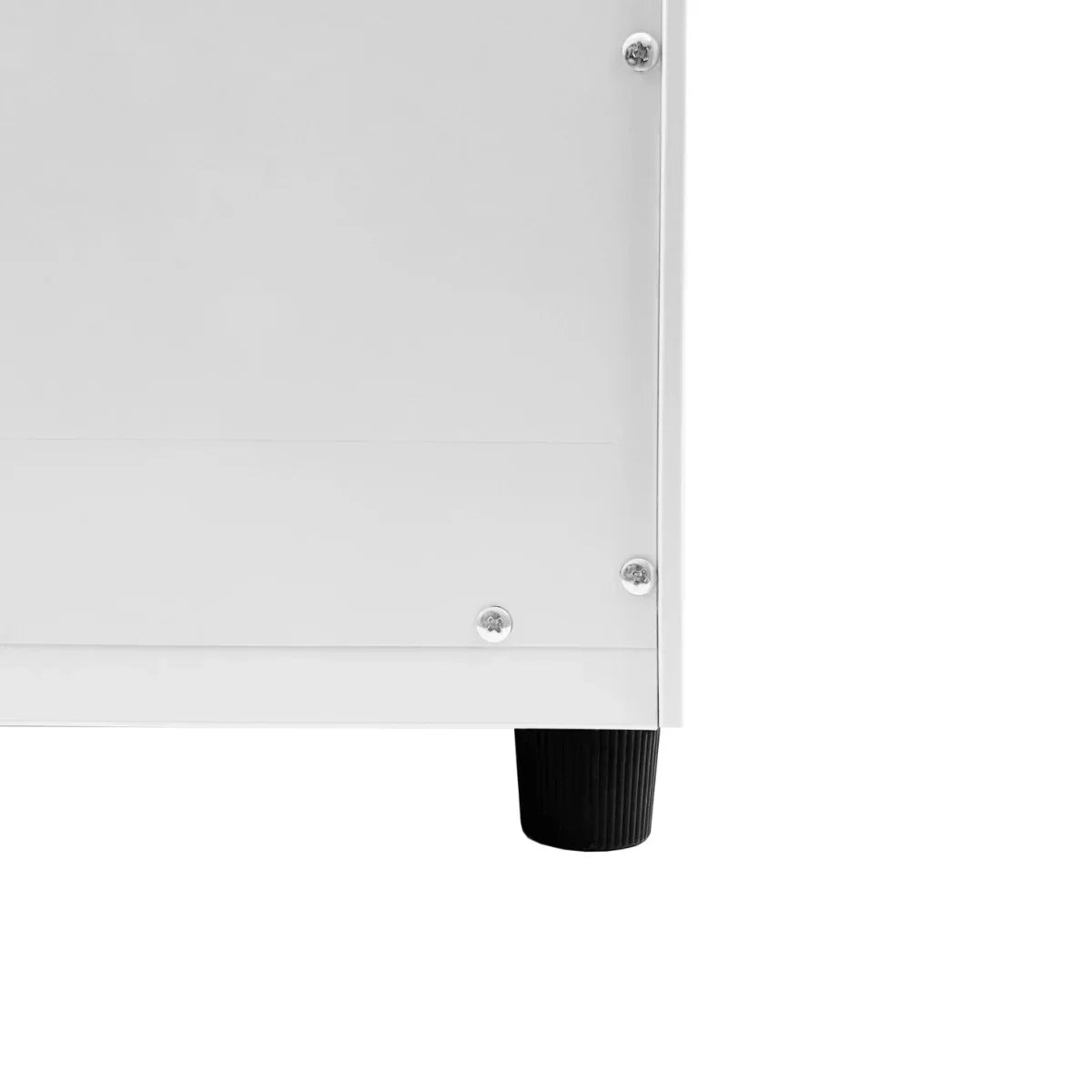 Sleek white towel warmer with a smooth finish, featuring sturdy black feet and polished silver screws for a modern look