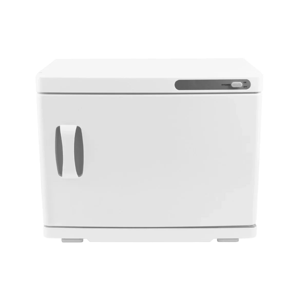 White hot towel warmer in sleek white design, featuring a front handle and control panel for easy operation and modern aesthetics