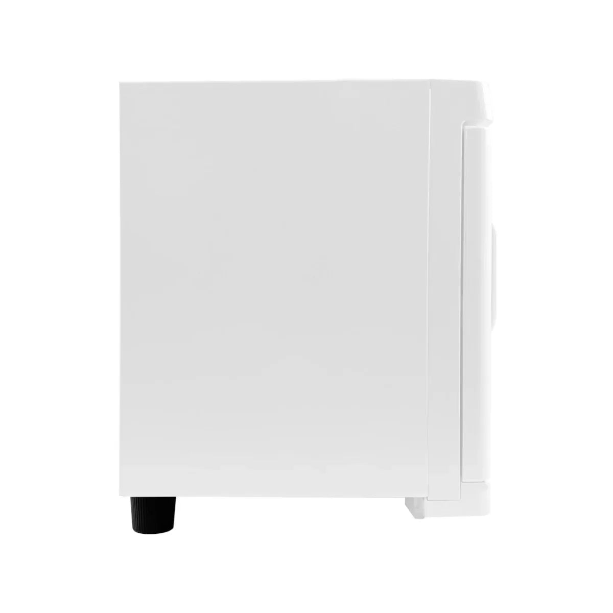 Sleek white towel warmer with a compact design, featuring a smooth finish and a side view showcasing its modern shape and sturdy base