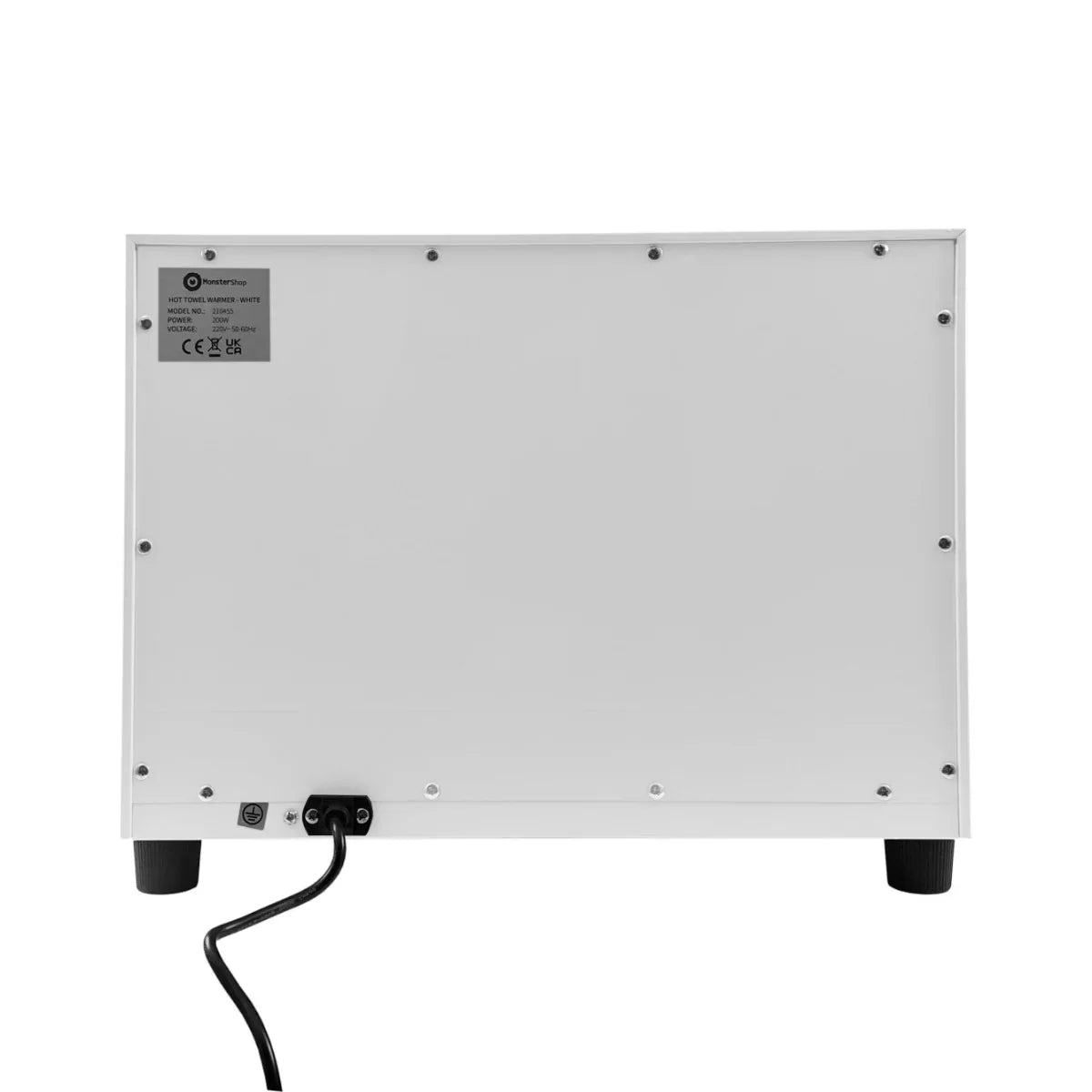 Sleek white back of the White Hot Towel Warmer, featuring a power cord, adjustable feet, and a safety certification label