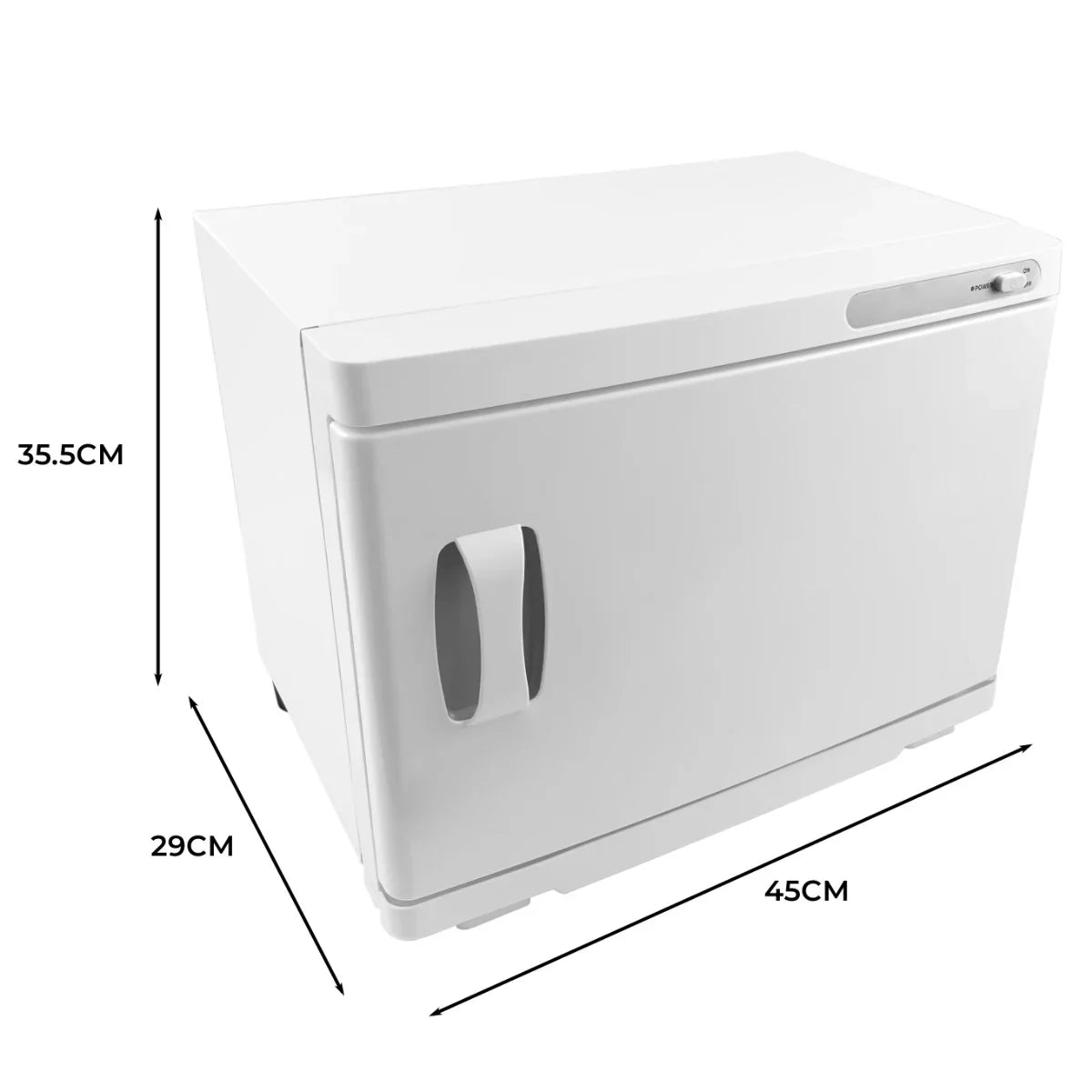 Compact white towel warmer with a sleek design, featuring a side handle and dimensions of 45cm x 29cm x 35.5cm for easy storage