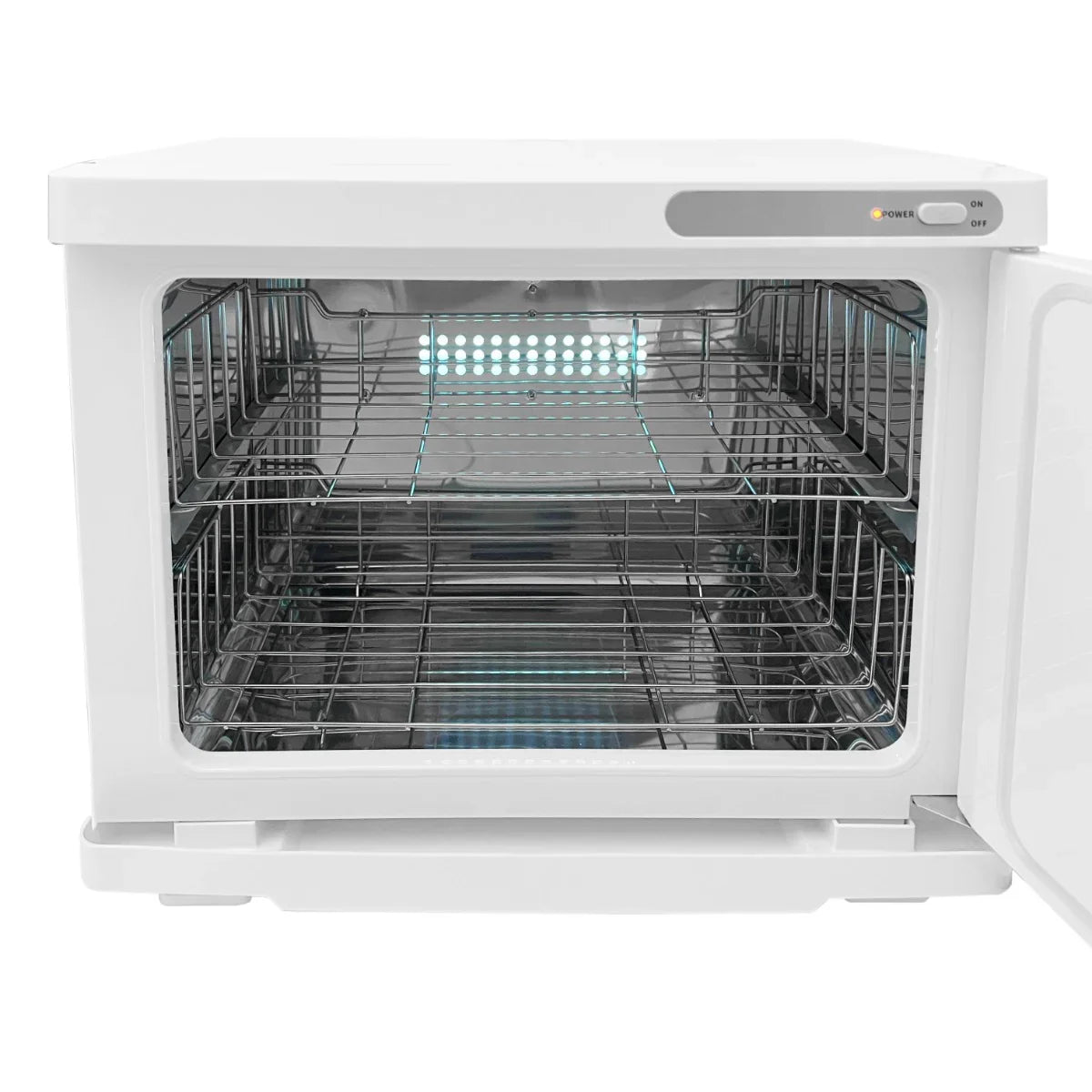 White Hot Towel Warmer with a sleek white exterior, stainless steel racks, and interior light, designed for efficient towel heating