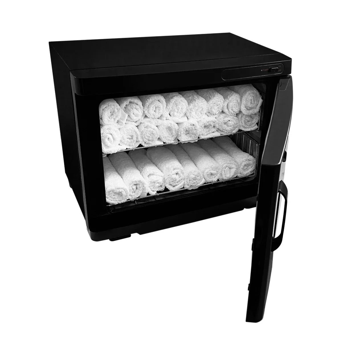 Sleek black hot towel warmer with an open door, showcasing neatly rolled white towels inside for a spa-like experience