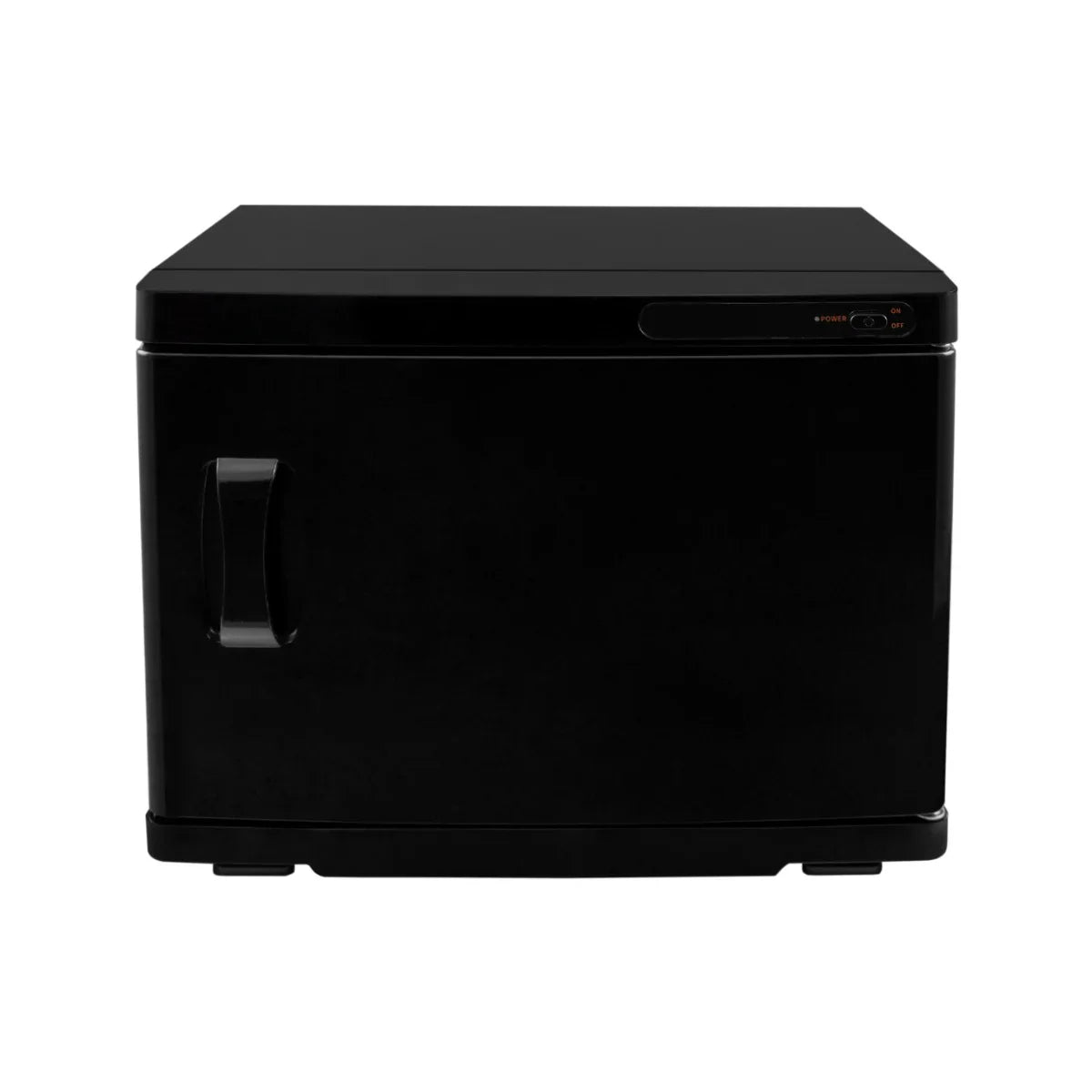 Sleek black hot towel warmer with a smooth finish, compact design, and easy-to-use control panel, perfect for spas or home use