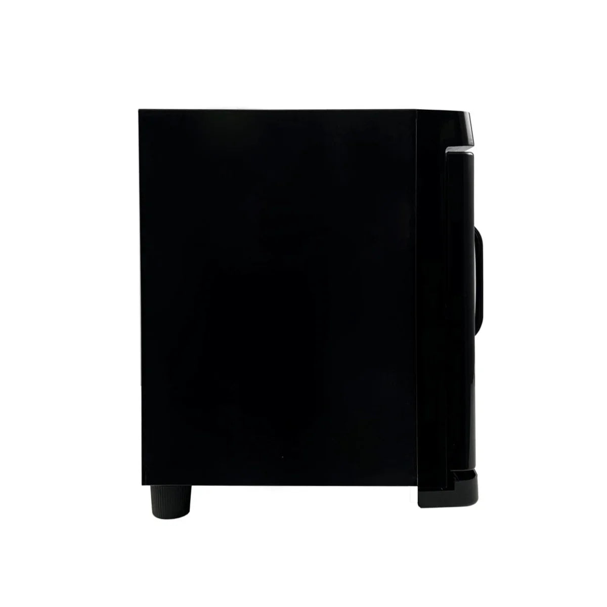 Sleek black hot towel warmer with a compact design, featuring a smooth exterior and a side handle for easy access and portability