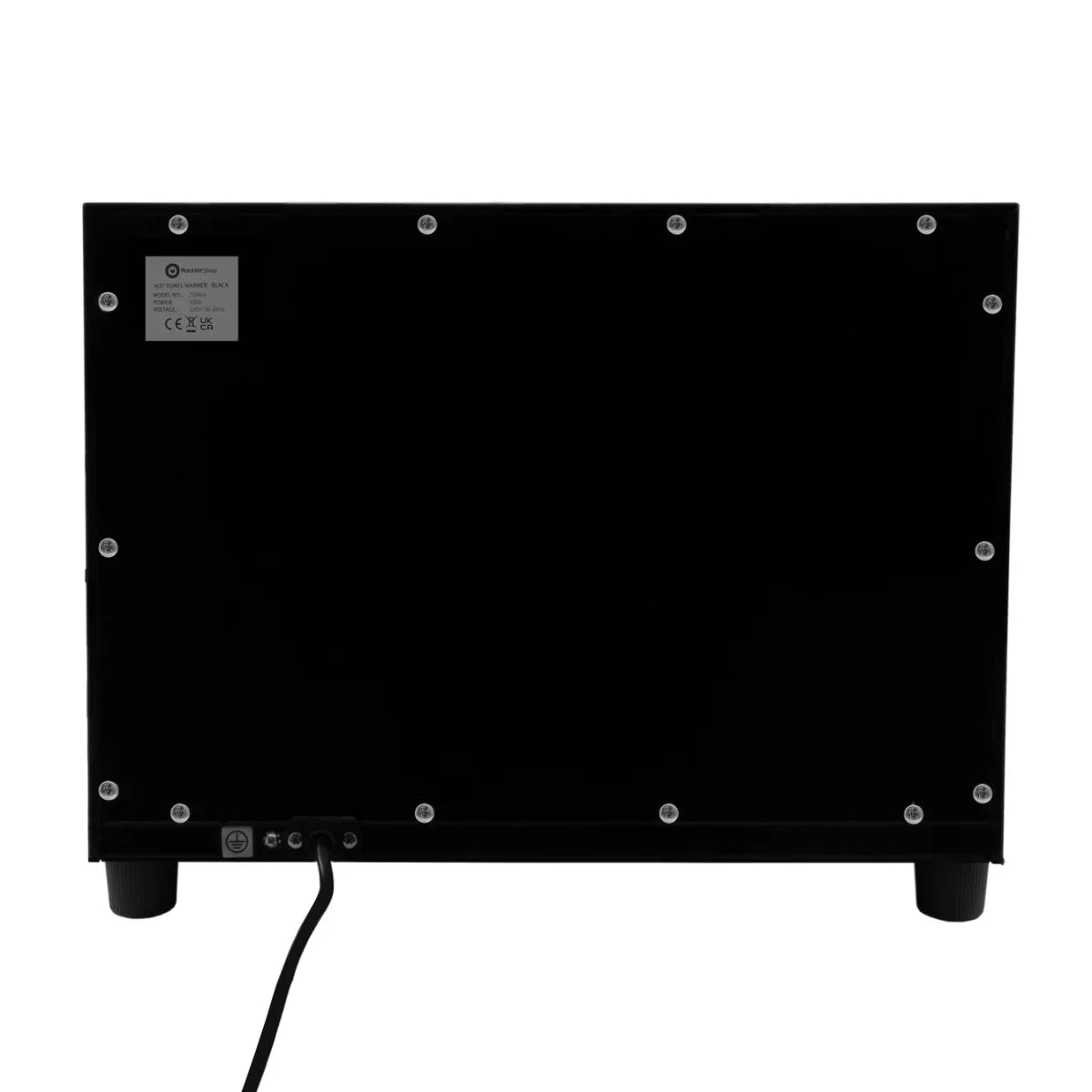 Sleek black hot towel warmer featuring a smooth finish, sturdy feet, and a power cord for easy use in spas or home settings