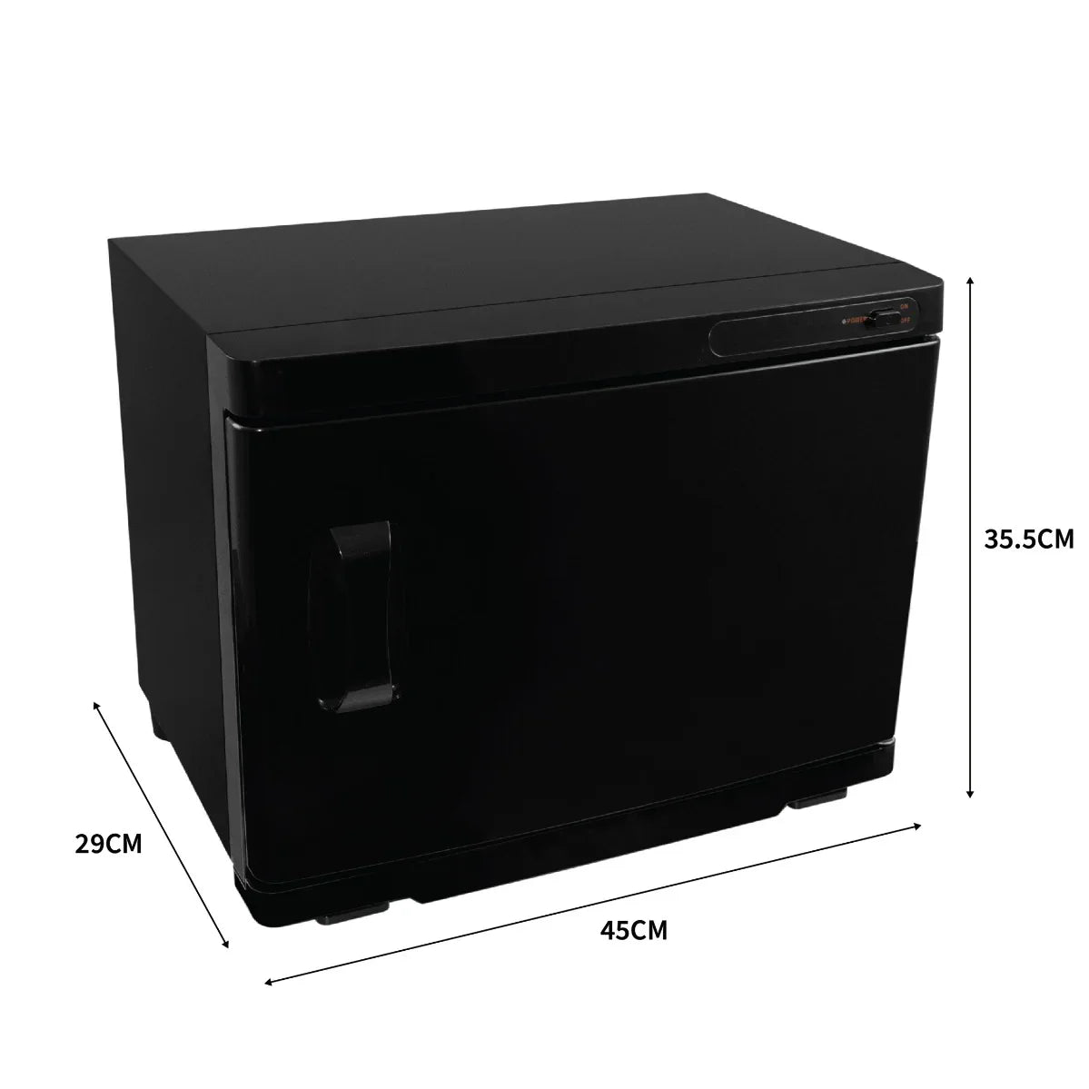 Sleek black hot towel warmer with a compact design, featuring a front door and dimensions of 45cm x 29cm x 35.5cm for easy storage