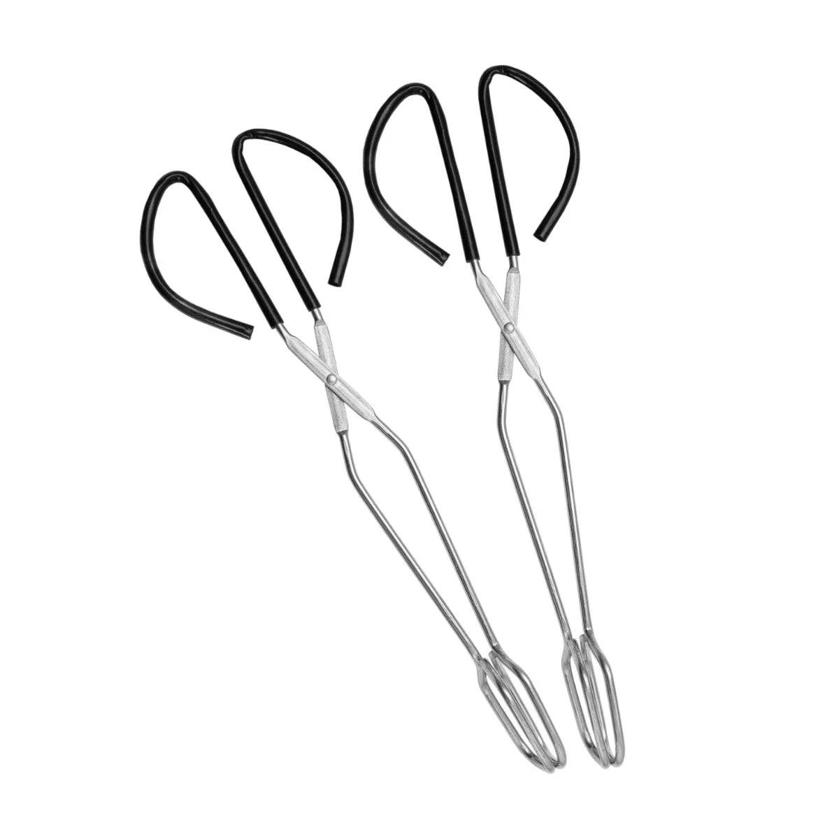 Stainless steel tongs with black rubber grips, ideal for handling hot towels in a spa or salon setting, showcasing ergonomic design