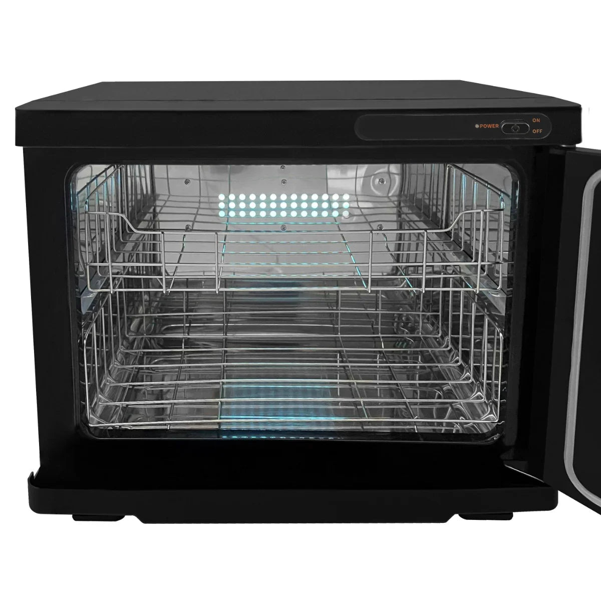 Black hot towel warmer with a sleek design, transparent glass door, and stainless steel racks for even heating and easy access
