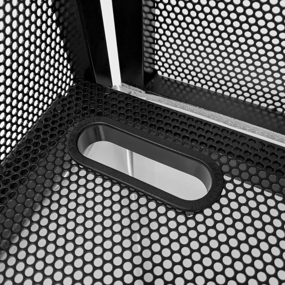Black metal DJ disco booth featuring a textured perforated design and a rectangular mirror inset on the surface