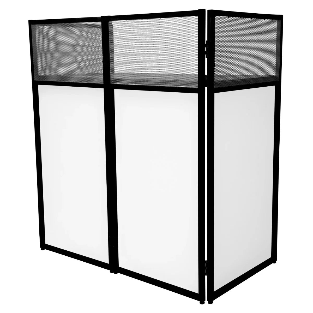 DJ Disco Booth featuring a sleek black metal frame, mesh top, and smooth white panels, perfect for stylish event setups
