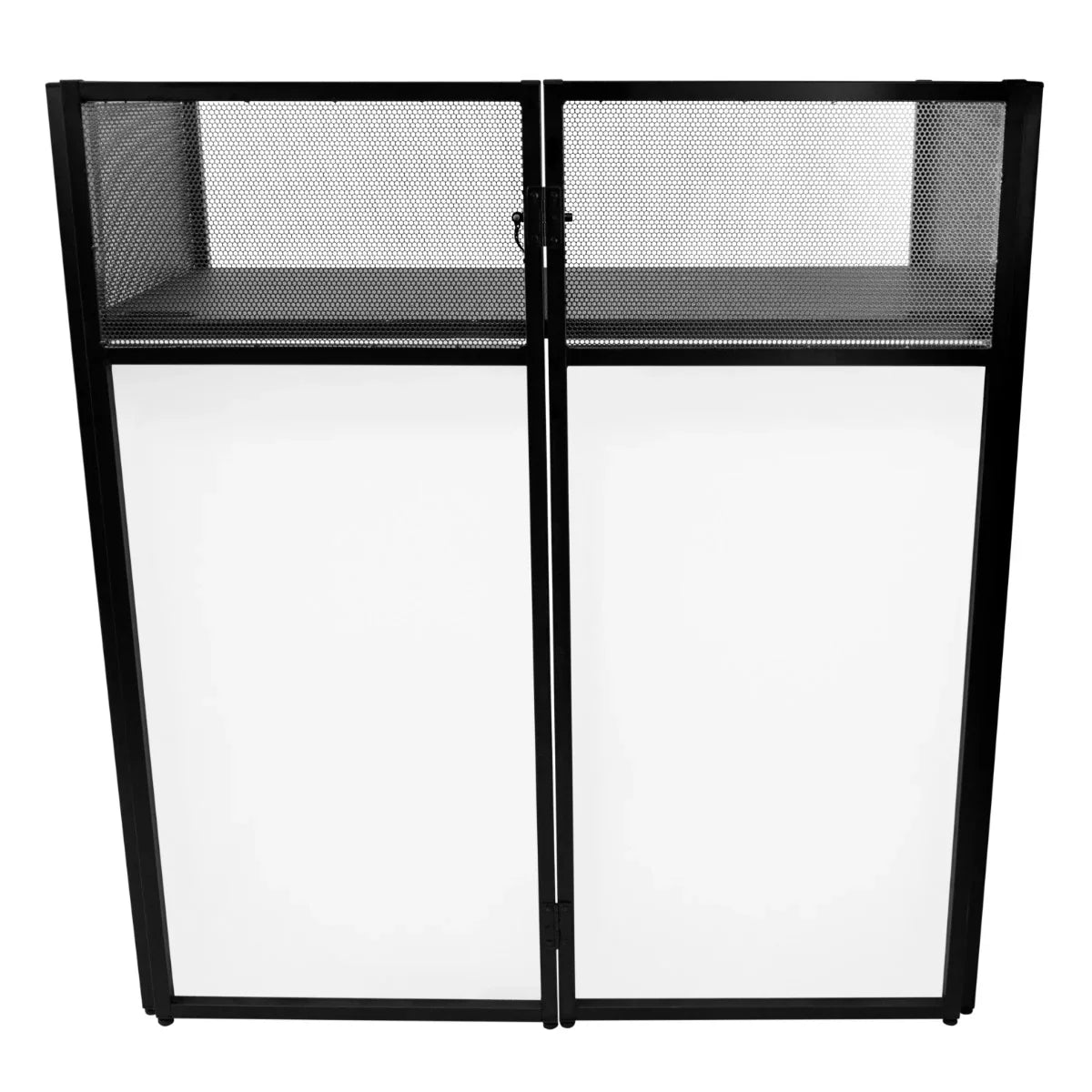 Black DJ disco booth with mesh top shelf and solid white front panels, designed for professional sound and lighting setups