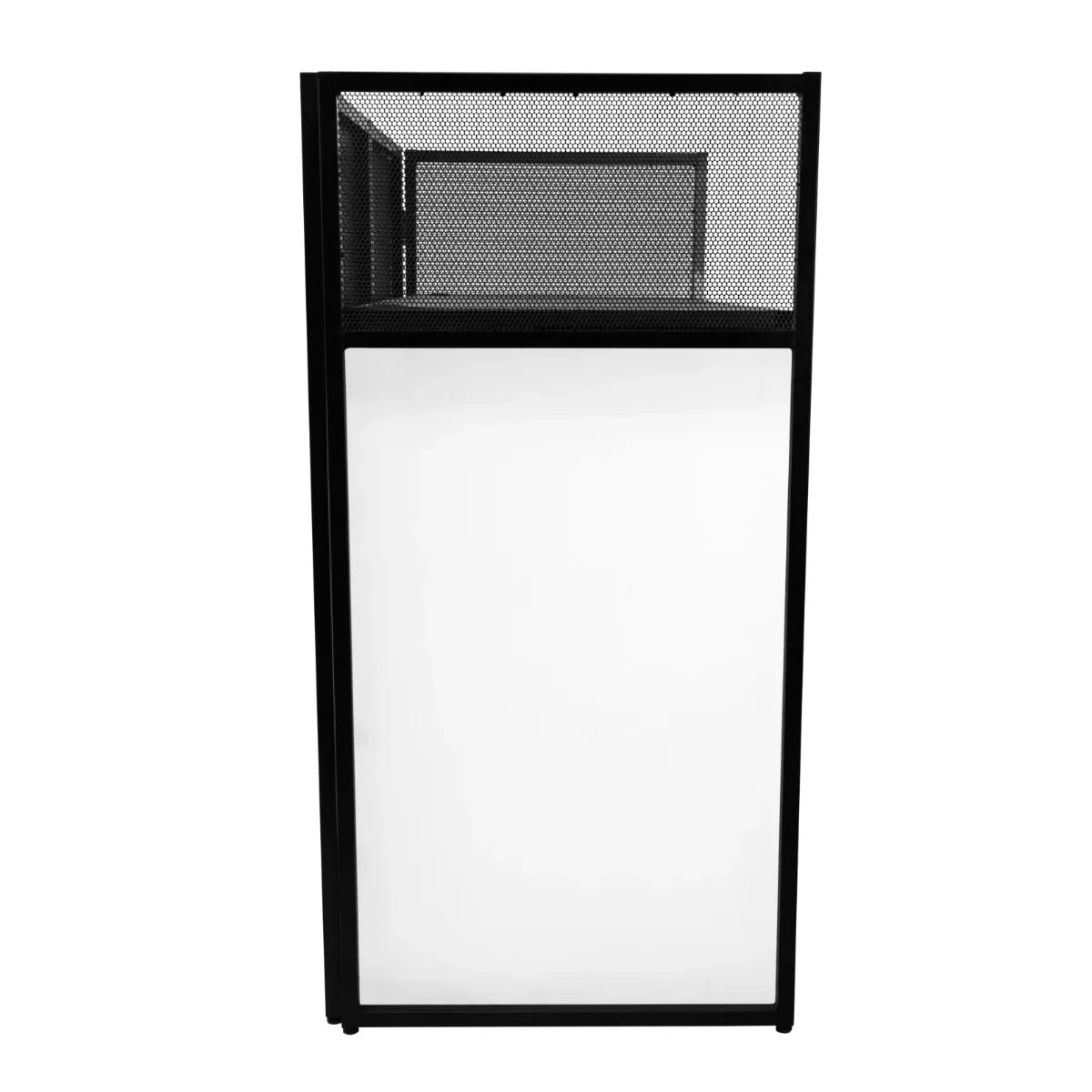 Sleek black DJ disco booth with a mesh top and smooth white front panel, perfect for events and performances