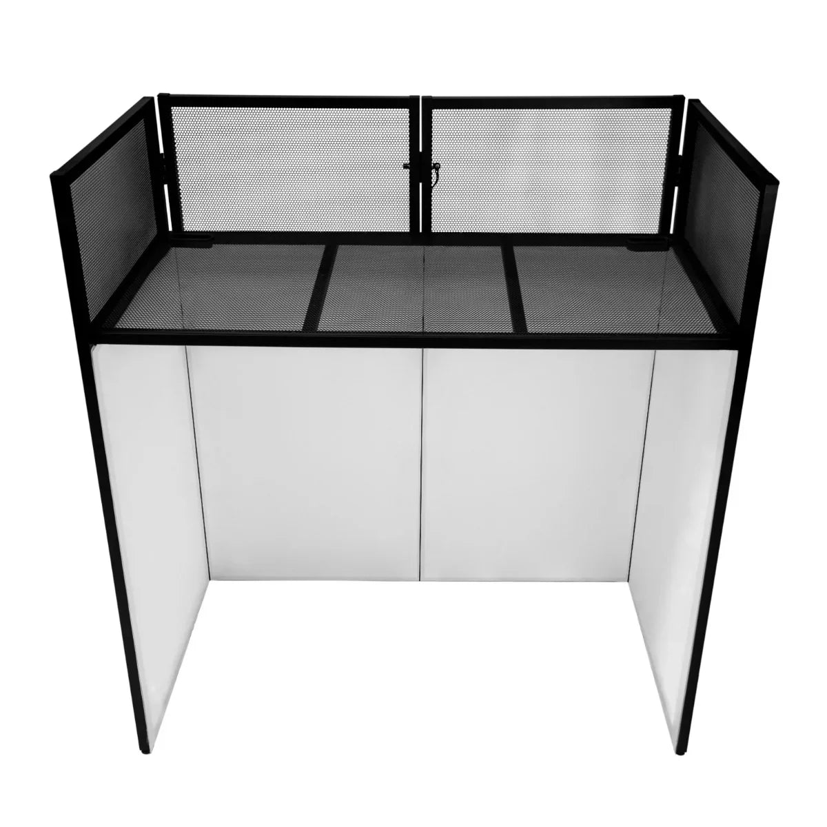 Sleek black DJ disco booth with a mesh top, white side panels, and a spacious work surface, ideal for events and performances