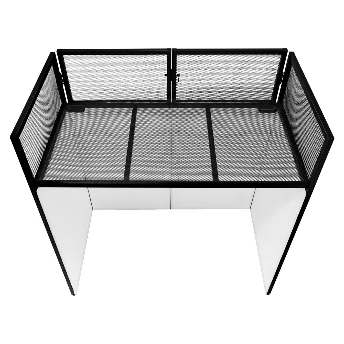 Black metal DJ disco booth with a mesh top, featuring a spacious design and sleek white side panels for a modern look