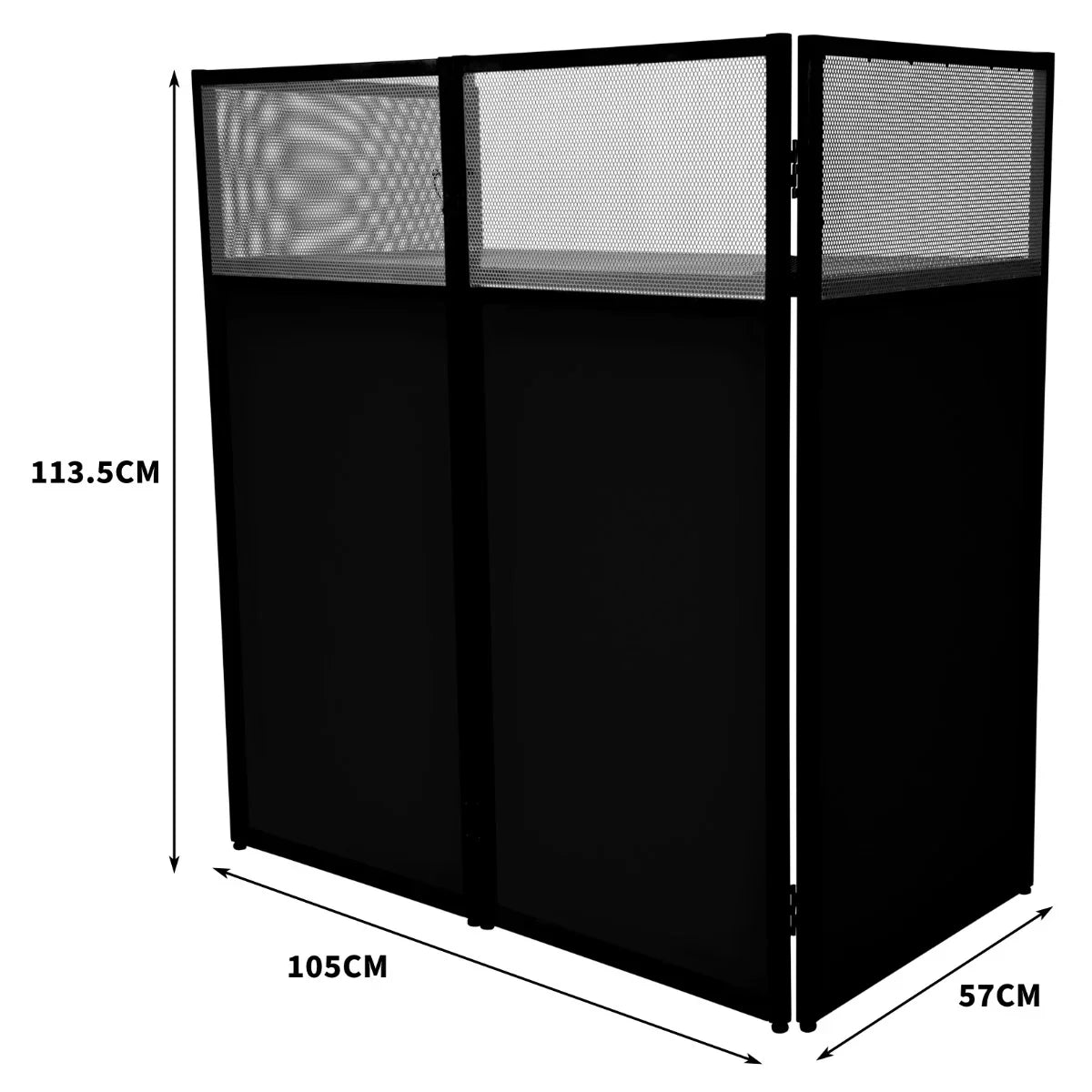 Black DJ disco booth featuring a sleek design with mesh panels, measuring 113.5cm tall, 105cm wide, and 57cm deep