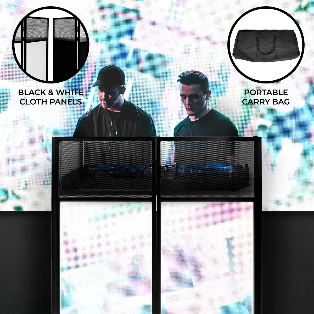 DJ Disco Booth featuring black and white cloth panels, sleek design, and a portable carry bag, perfect for events and parties