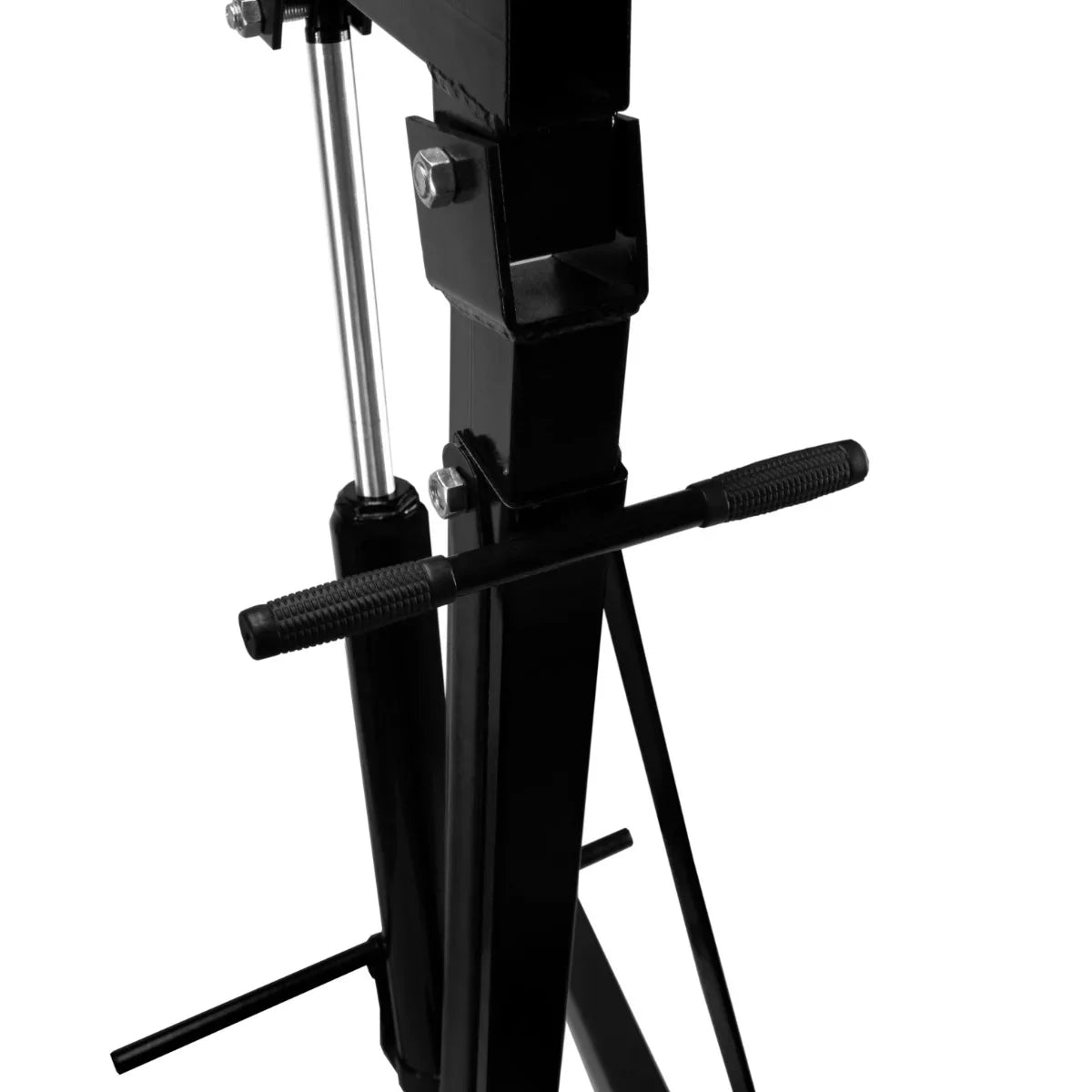 Hydraulic engine crane with a sturdy black frame, featuring a lifting arm, hydraulic cylinders, and textured grips for easy operation