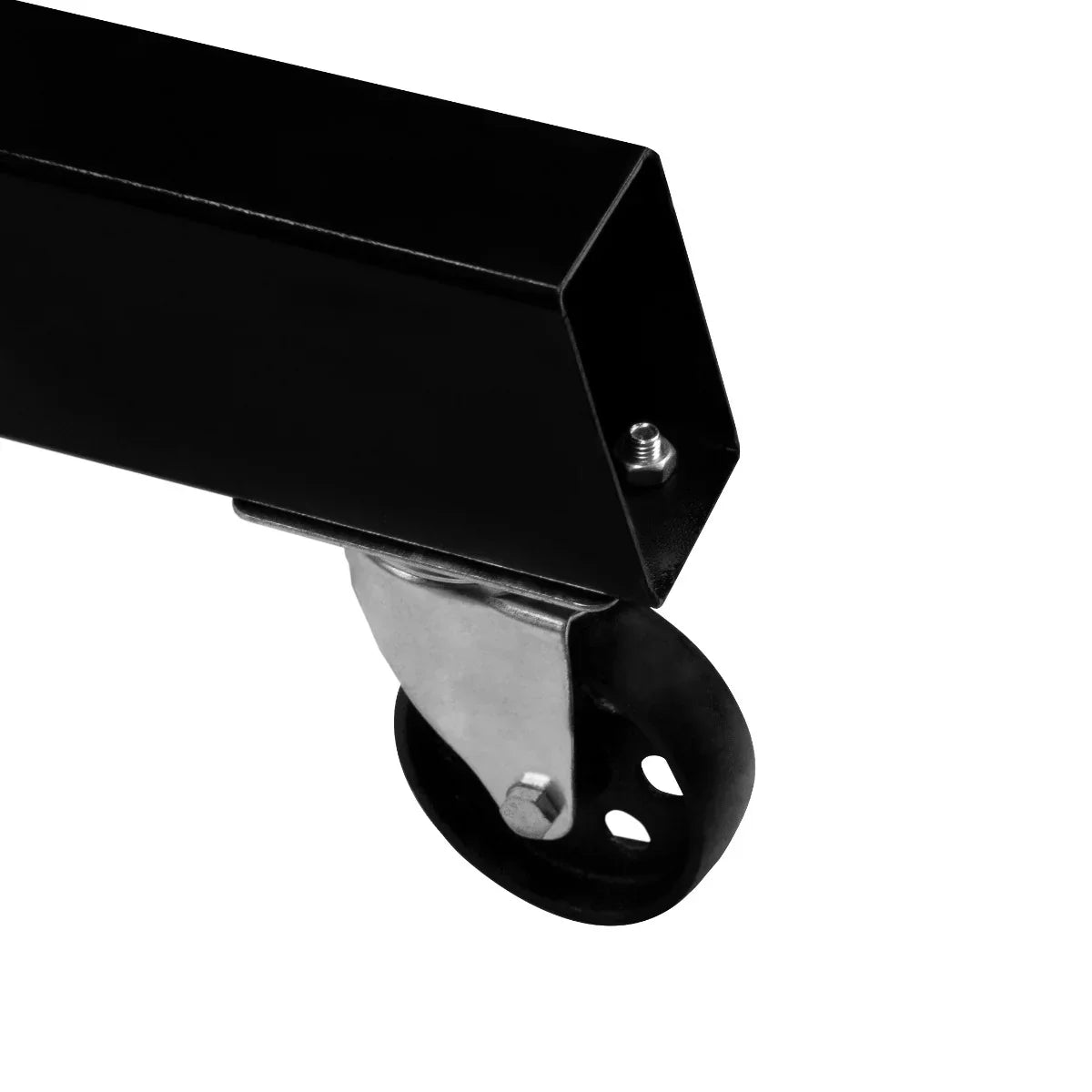 Black hydraulic engine crane wheel with a sturdy metal frame and smooth-rolling caster for easy mobility and stability