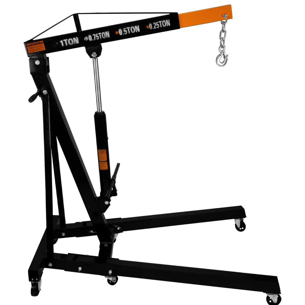 Hydraulic engine crane in black and orange, featuring a sturdy frame, adjustable arm, and wheels for easy mobility, designed for lifting up to 1 tonne