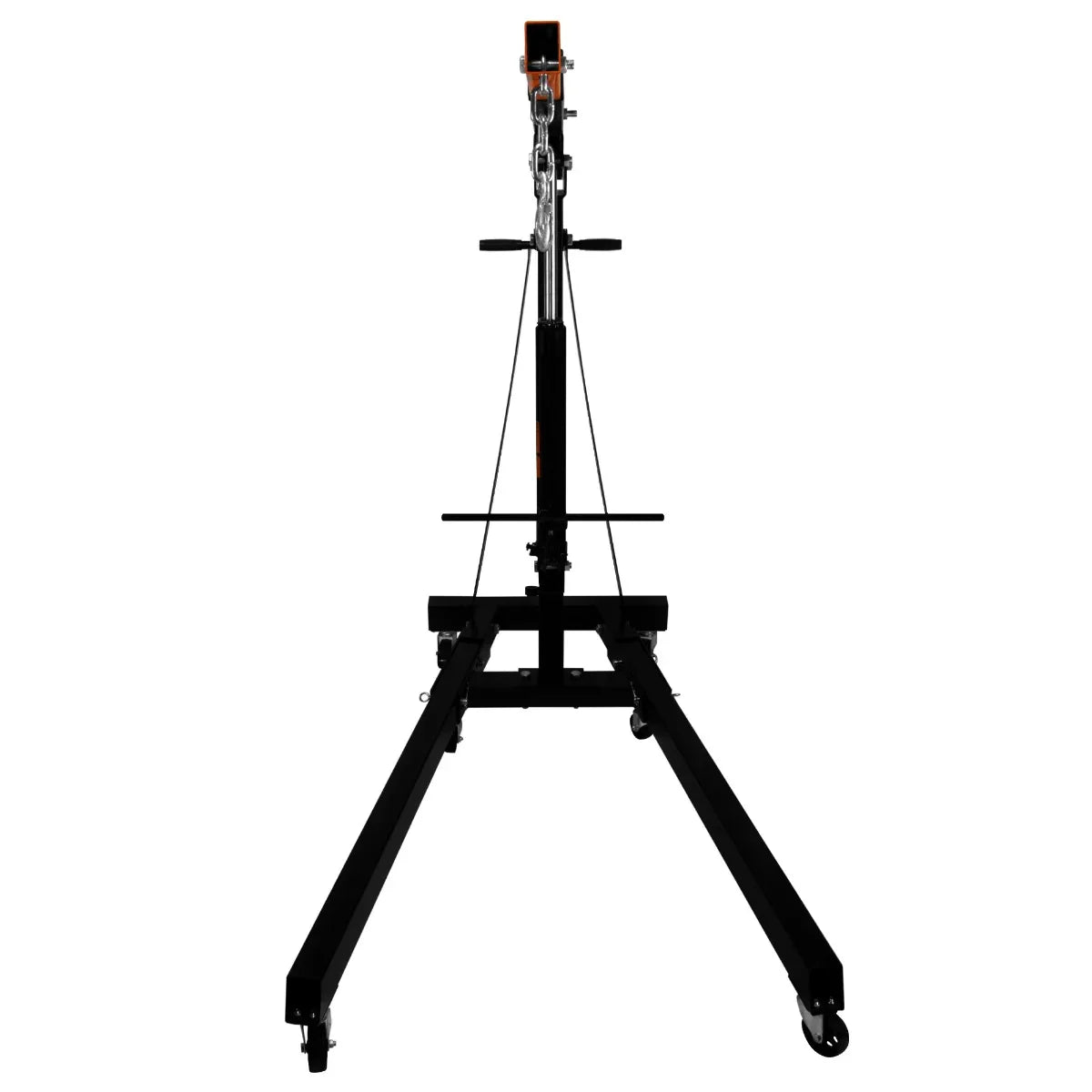 Hydraulic engine crane with a sturdy black frame, adjustable height, and wheels for easy mobility, designed for lifting up to 1 tonne