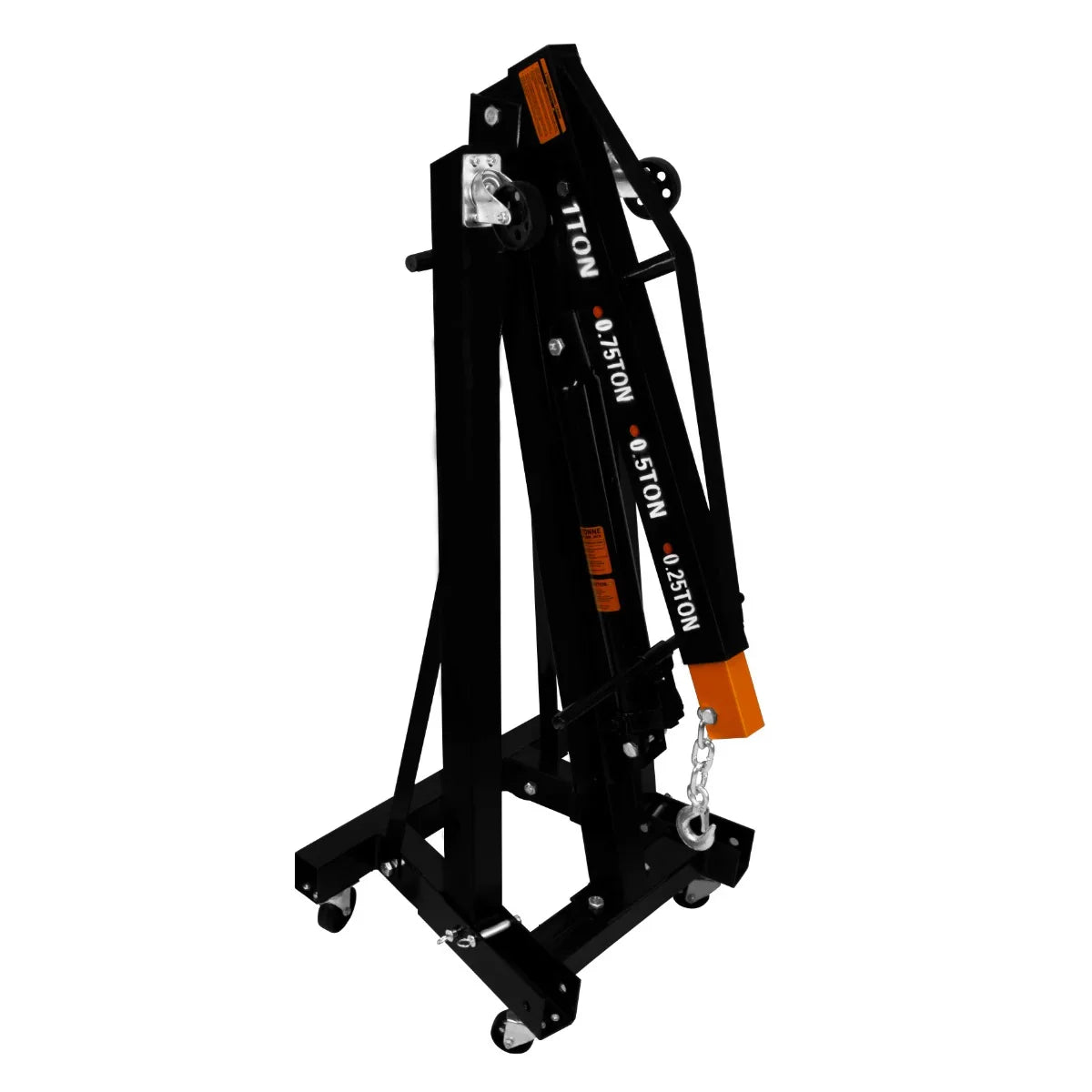 Hydraulic engine crane with a black finish, featuring a sturdy frame, adjustable arm, and wheels for easy mobility, rated for 1 tonne