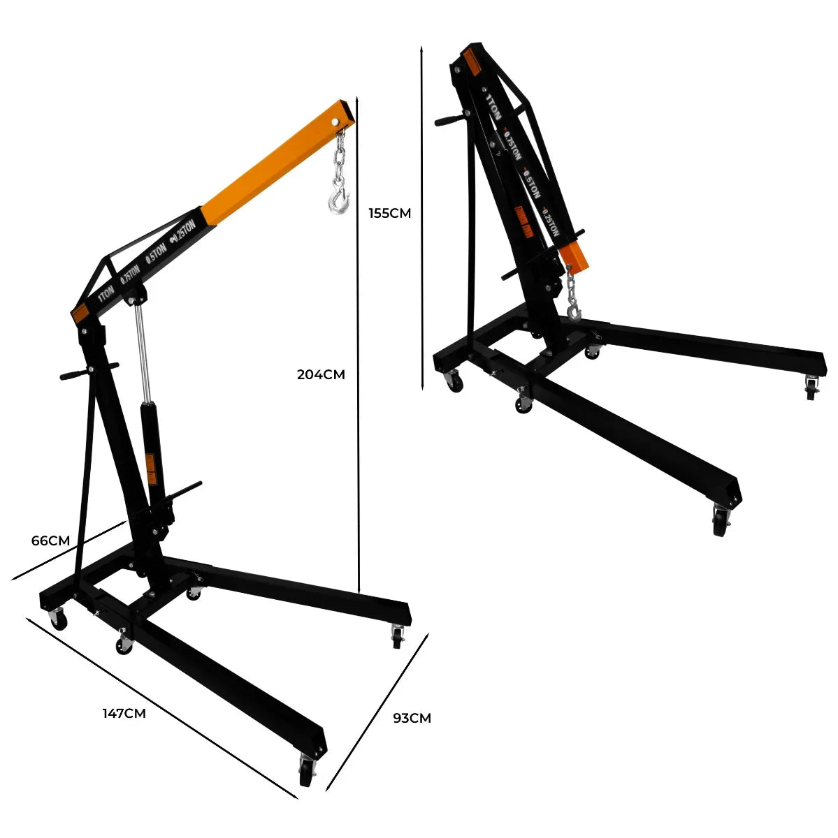 Hydraulic engine crane with a sturdy black frame, orange arm, and adjustable height, ideal for lifting up to 1 tonne